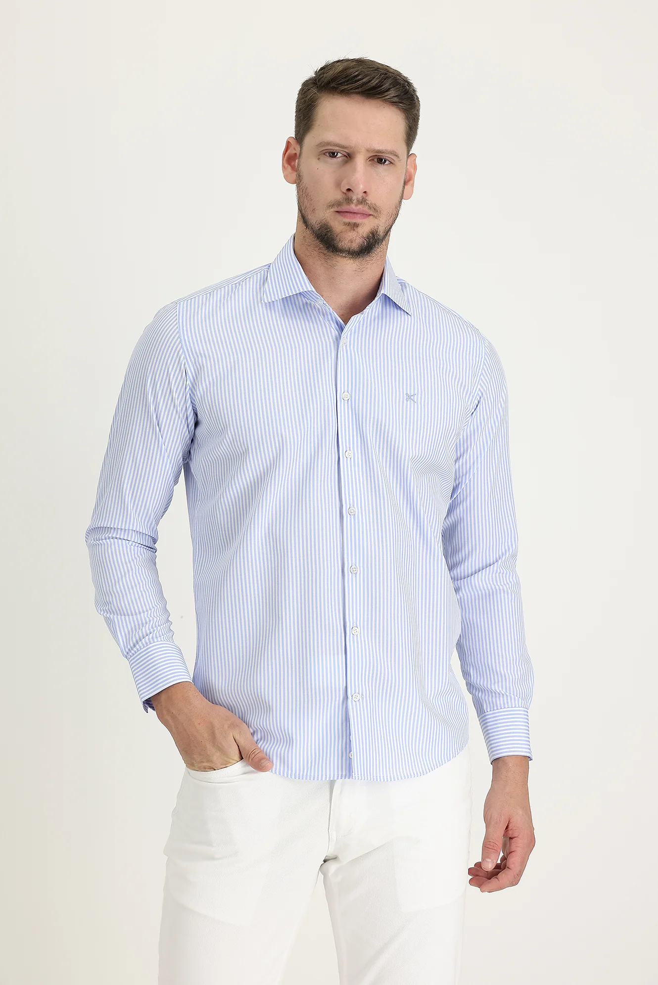 Açık Mavi Uzun Kol Slim Fit Dar Kesim Klasik Çizgili Gömlek