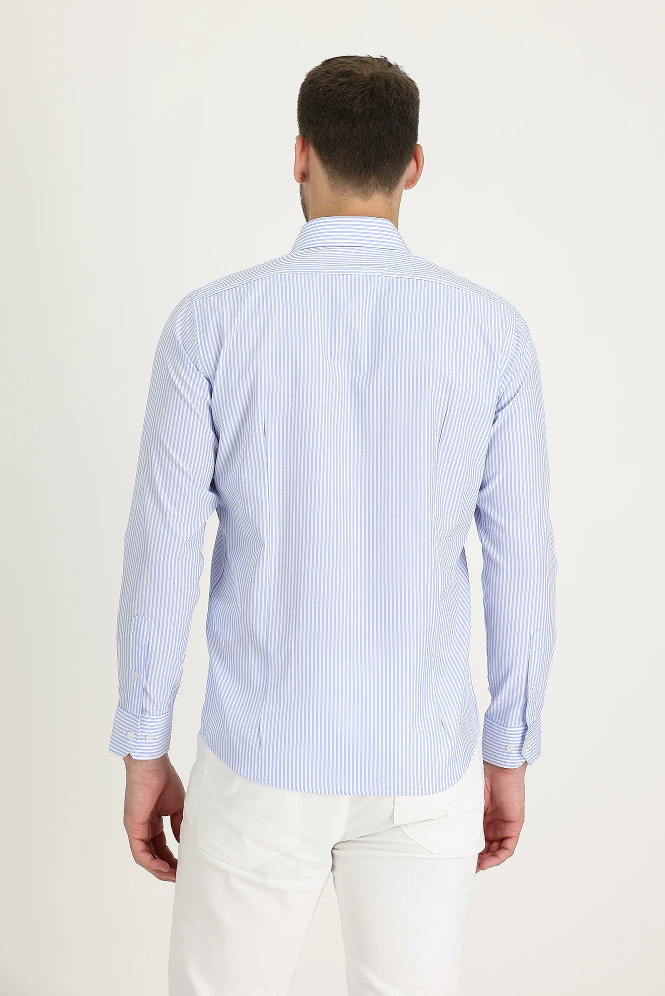 Açık Mavi Uzun Kol Slim Fit Dar Kesim Klasik Çizgili Gömlek - Image 2