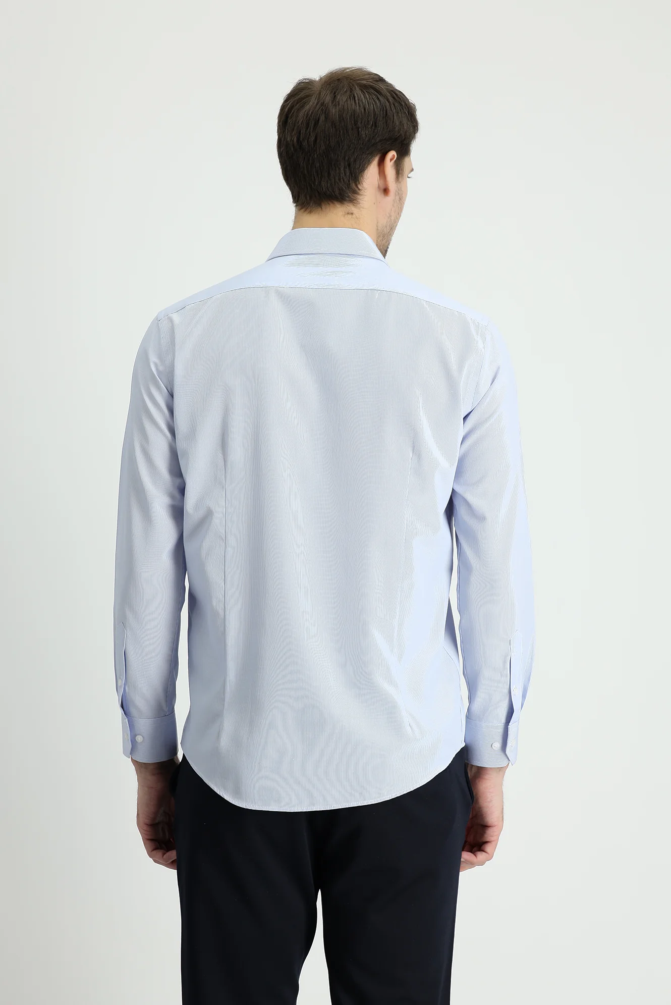 Açık Mavi Uzun Kol Slim Fit Dar Kesim Klasik Çizgili Pamuklu Kolay Ütülenebilir Gömlek - Image 3