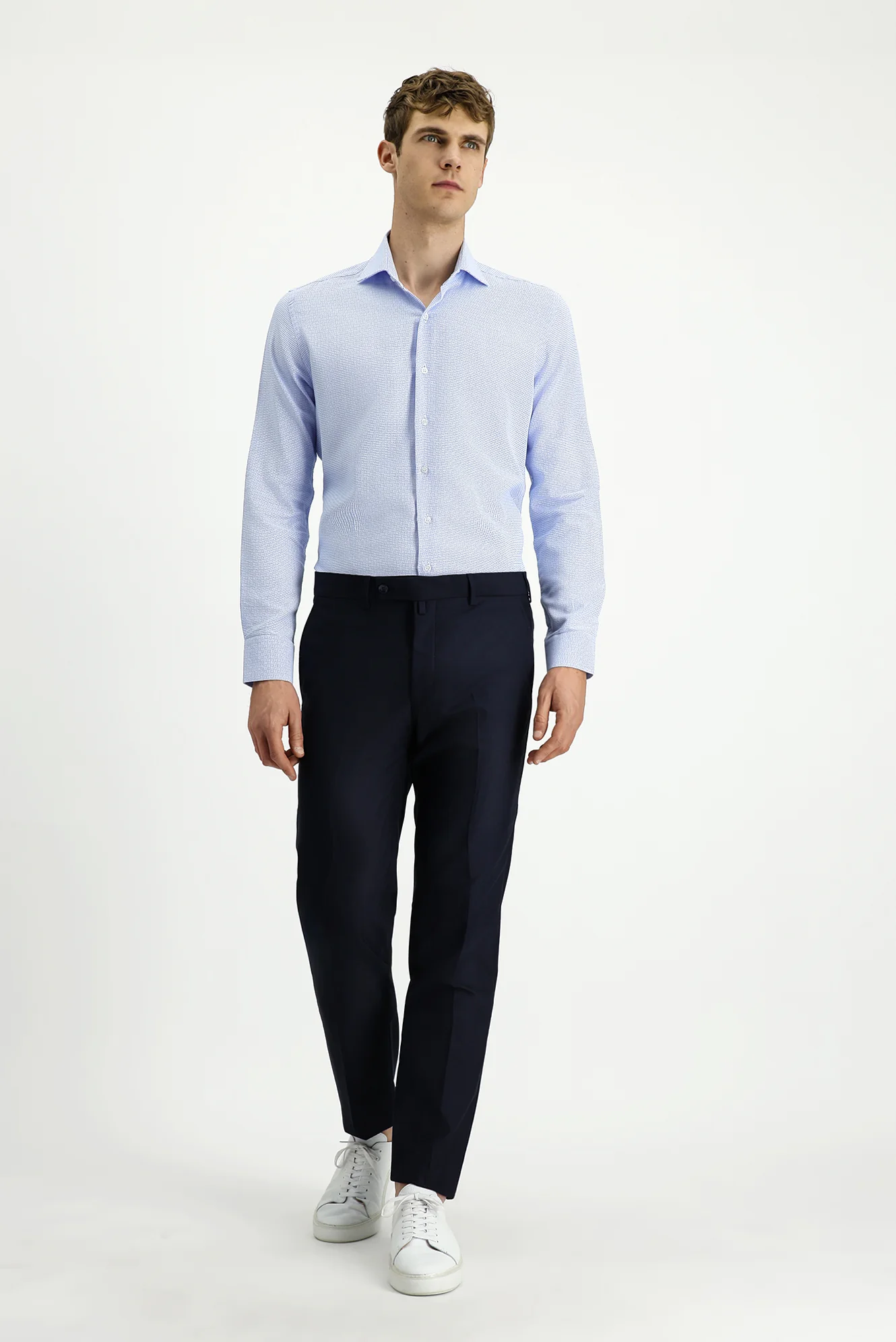 Açık Mavi Uzun Kol Slim Fit Dar Kesim Klasik Desenli Pamuk Gömlek - Image 2