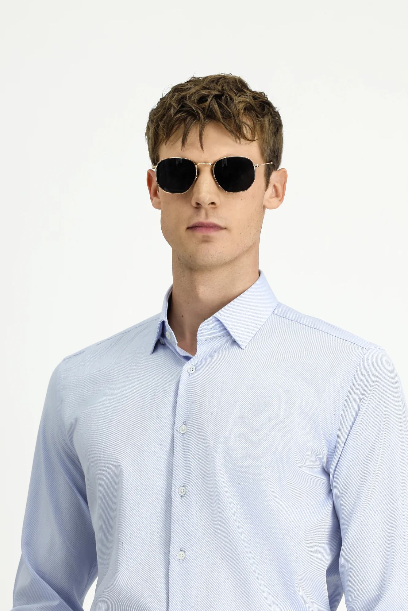 Açık Mavi Uzun Kol Slim Fit Dar Kesim Klasik Desenli Pamuk Gömlek - Image 3