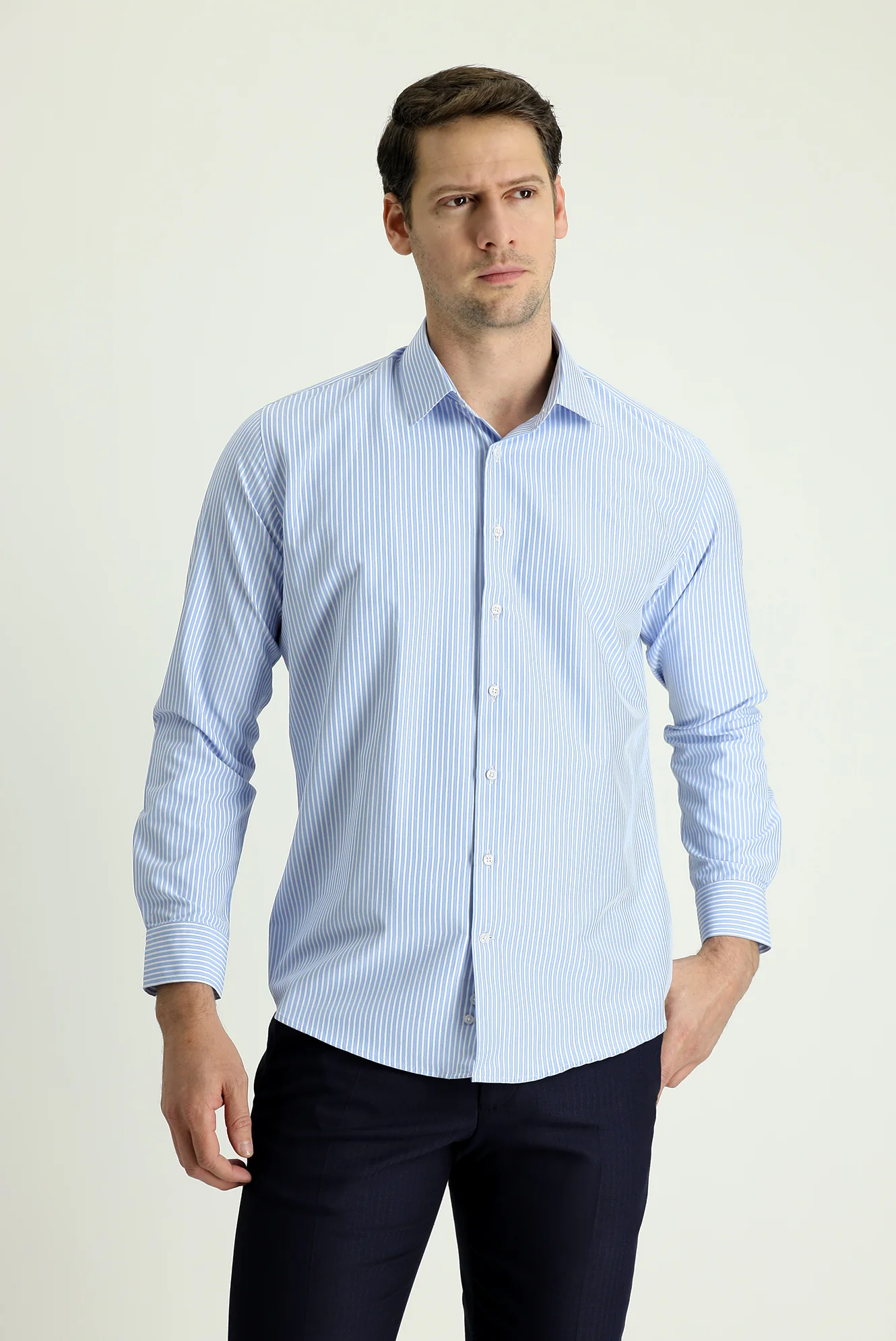 Açık Mavi Uzun Kol Slim Fit Dar Kesim Klasik Desenli Pamuklu Gömlek