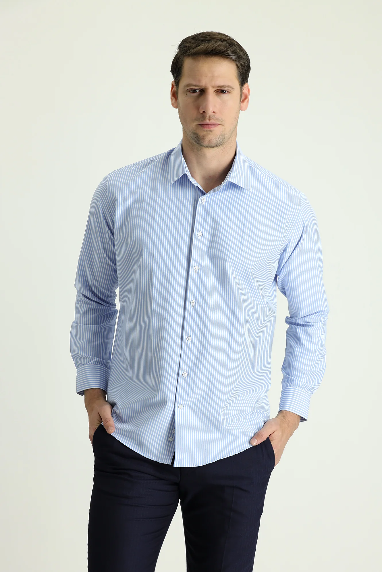 Açık Mavi Uzun Kol Slim Fit Dar Kesim Klasik Desenli Pamuklu Gömlek - Image 3
