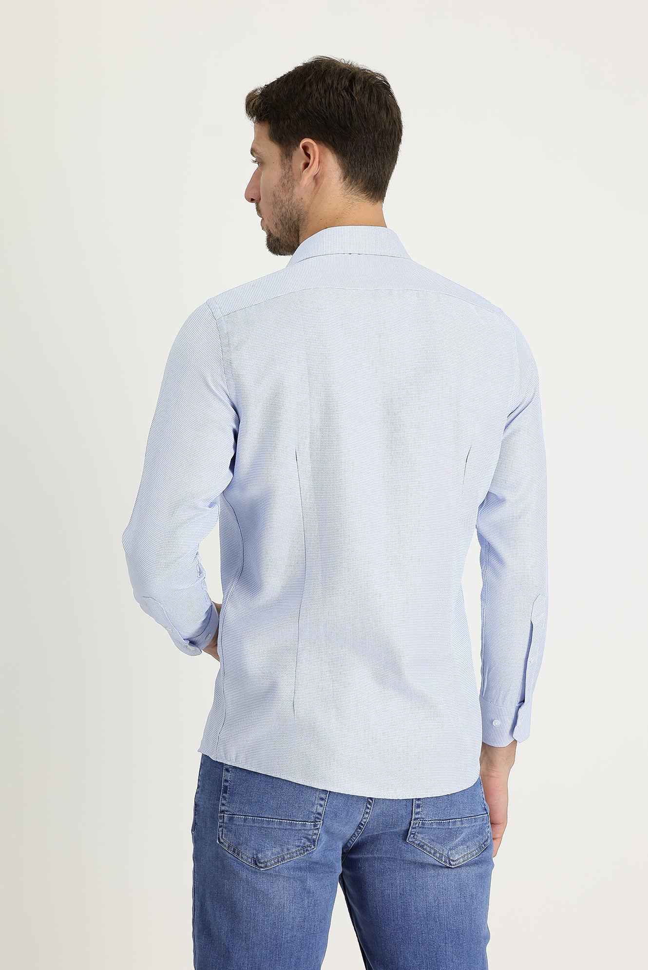 Açık Mavi Uzun Kol Slim Fit Dar Kesim Klasik Desenli Pamuklu Kolay Ütülenebilir Gömlek - Image 2