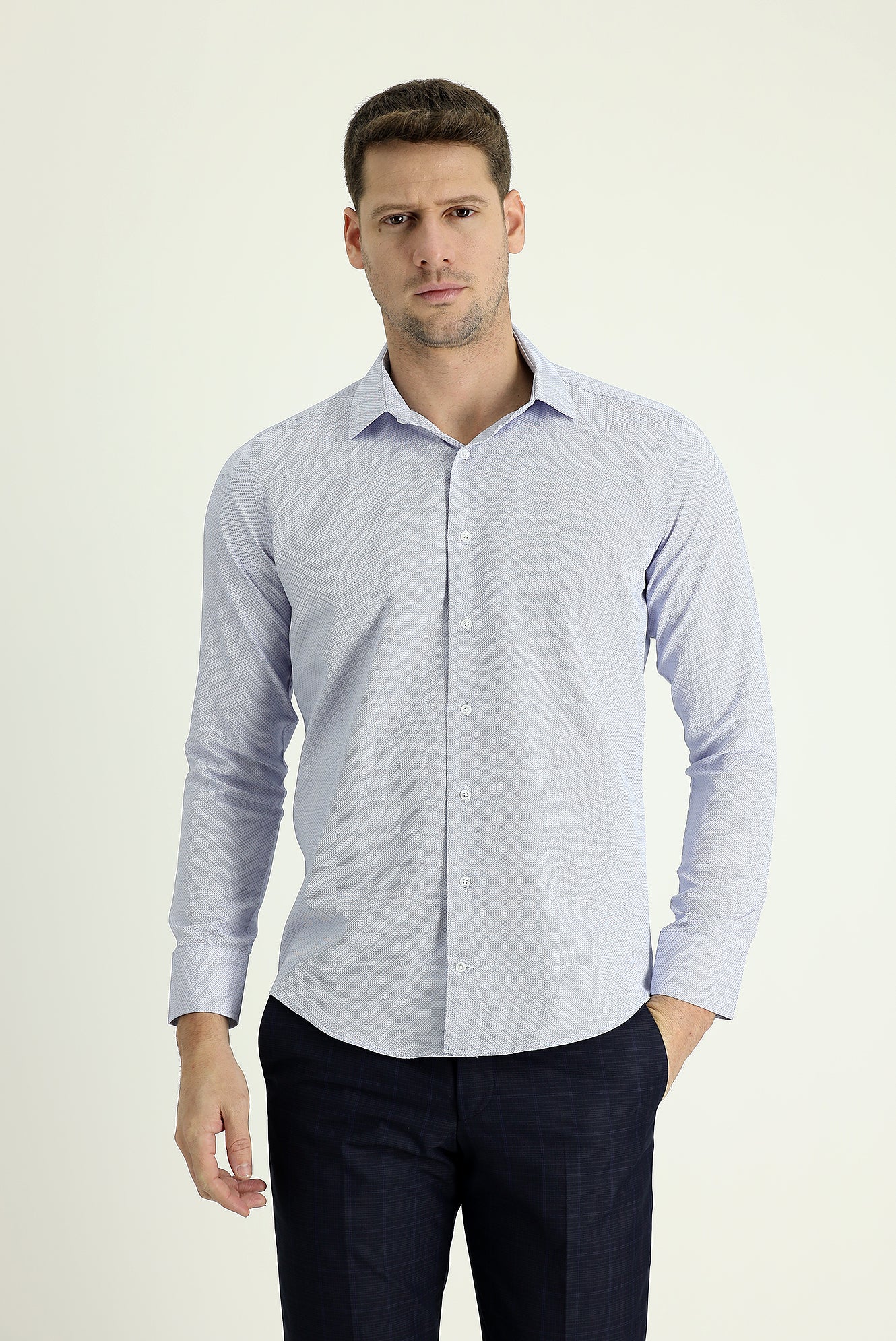 Açık Mavi Uzun Kol Slim Fit Dar Kesim Klasik Desenli Pamuklu Kolay Ütülenebilir Gömlek - Image 2