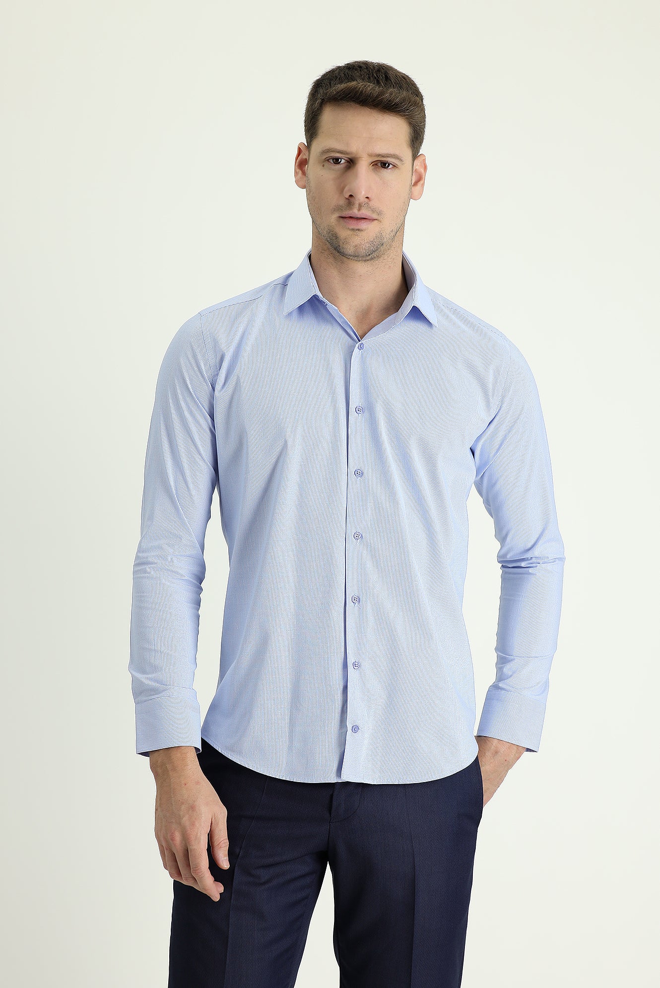 Açık Mavi Uzun Kol Slim Fit Dar Kesim Klasik Desenli Pamuklu Kolay Ütülenebilir Gömlek
