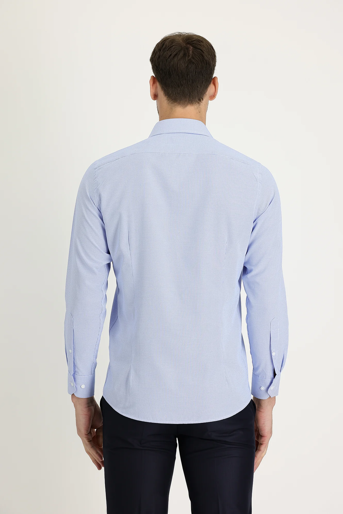 Açık Mavi Uzun Kol Slim Fit Dar Kesim Klasik Desenli Pamuklu Kolay Ütülenebilir Gömlek - Image 3