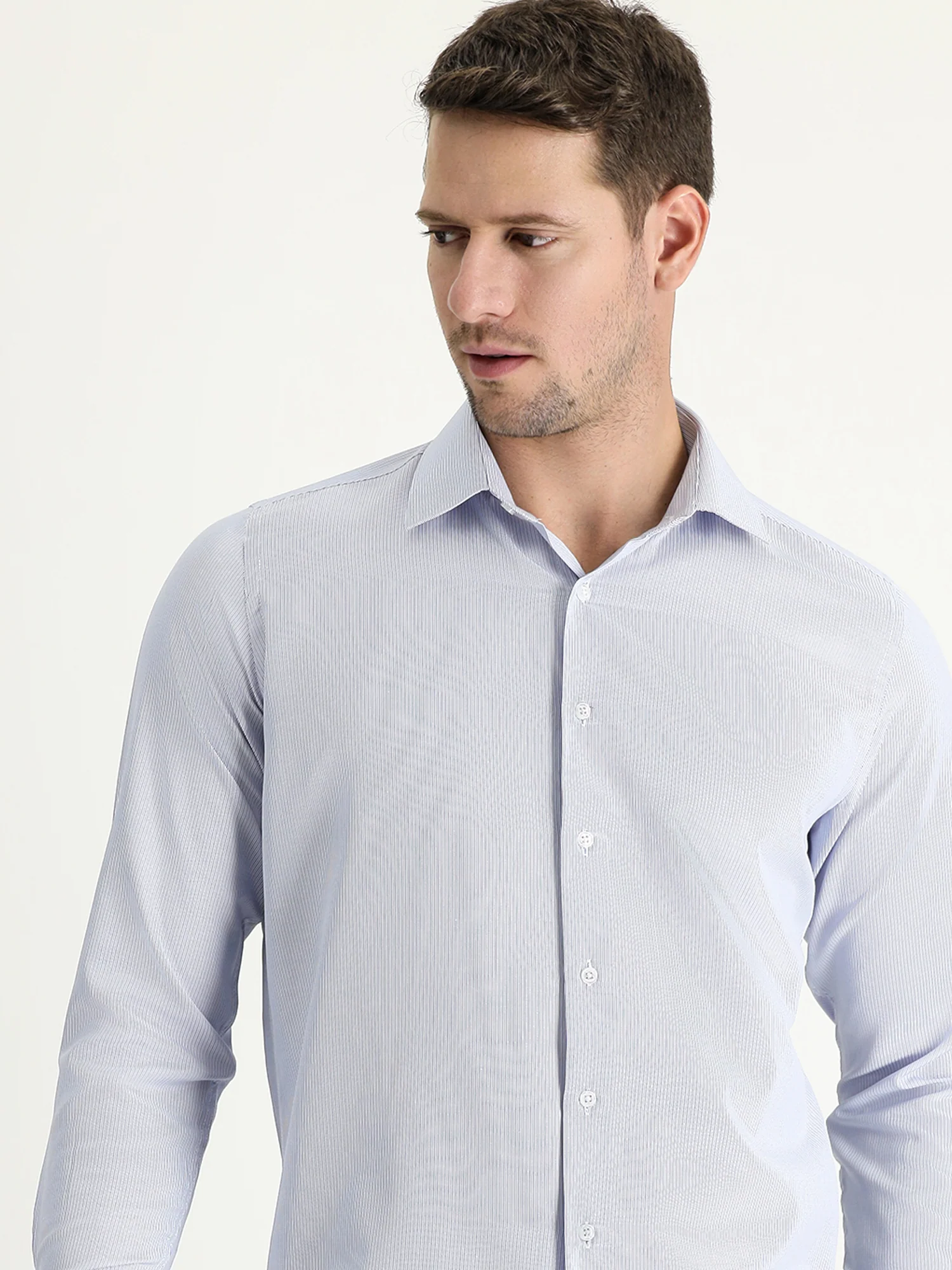 Açık Mavi Uzun Kol Slim Fit Dar Kesim Klasik Desenli Pamuklu Kolay Ütülenebilir Gömlek