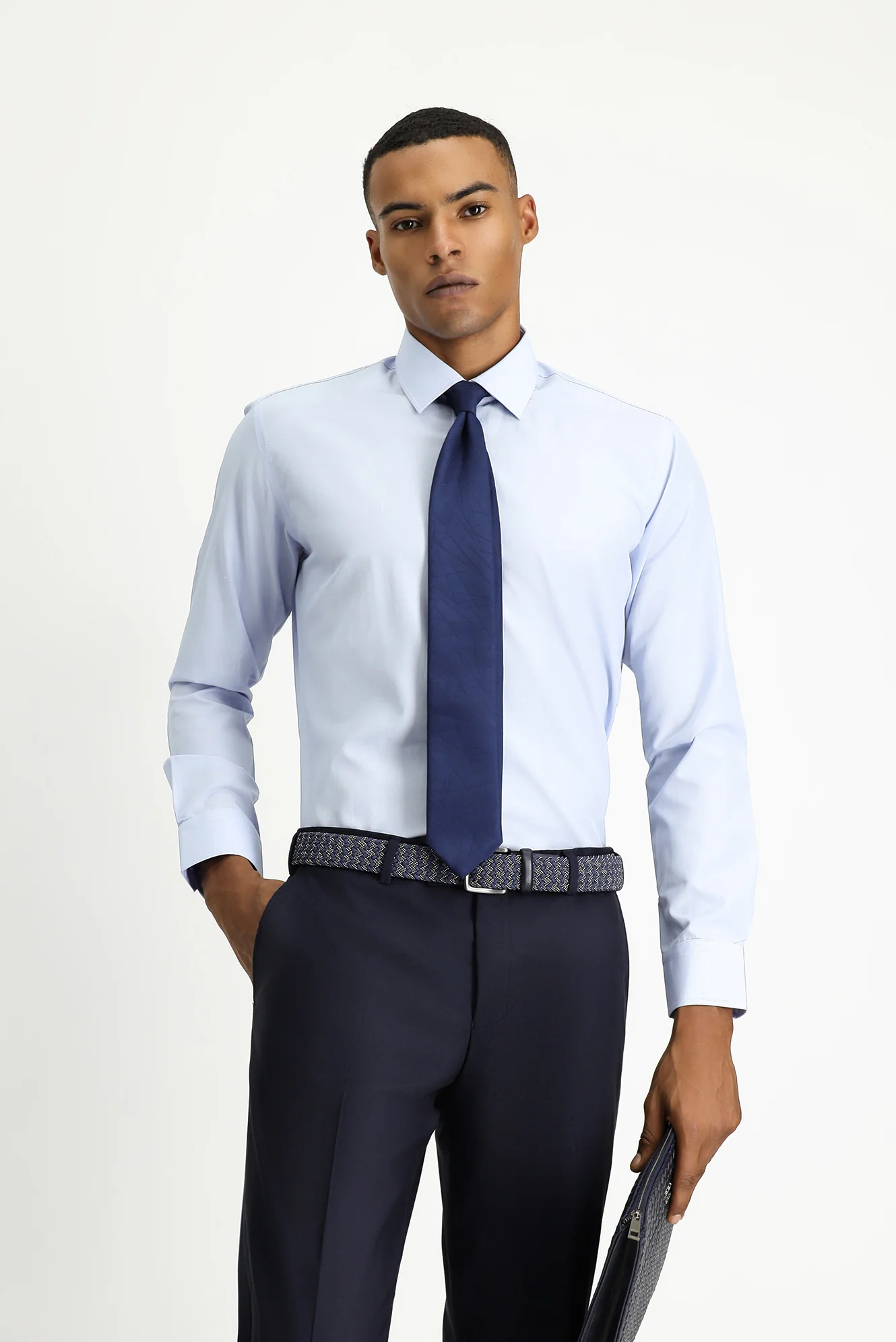 Açık Mavi Uzun Kol Slim Fit Klasik Yaka Pamuklu Kolay Ütülenebilir Desenli Gömlek