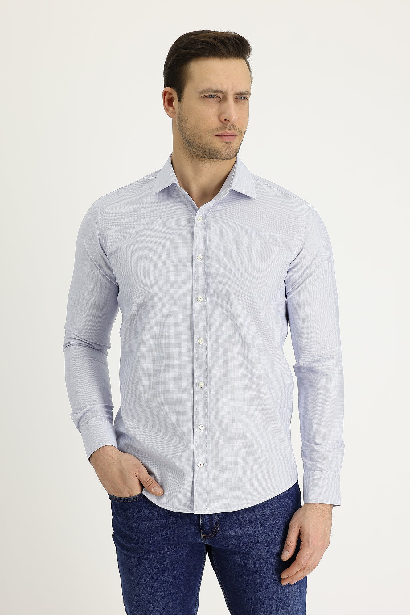 Açık Mavi Uzun Kol Slim Fit Dar Kesim Klasik Desenli Pamuklu Kolay Ütülenebilir Gömlek - Image 2