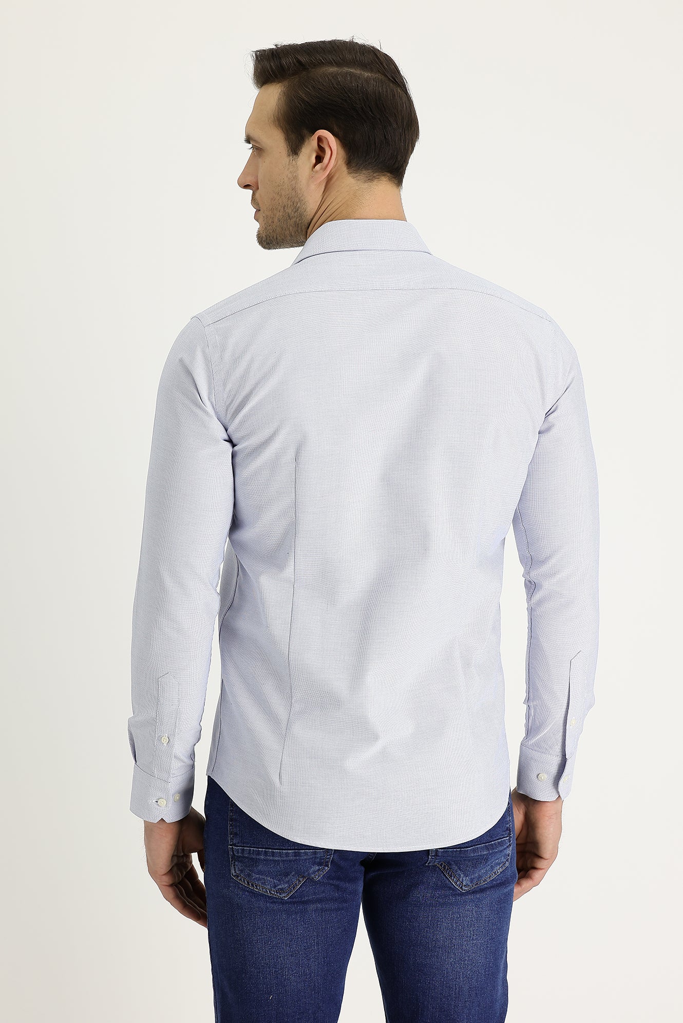 Açık Mavi Uzun Kol Slim Fit Dar Kesim Klasik Desenli Pamuklu Kolay Ütülenebilir Gömlek - Image 3