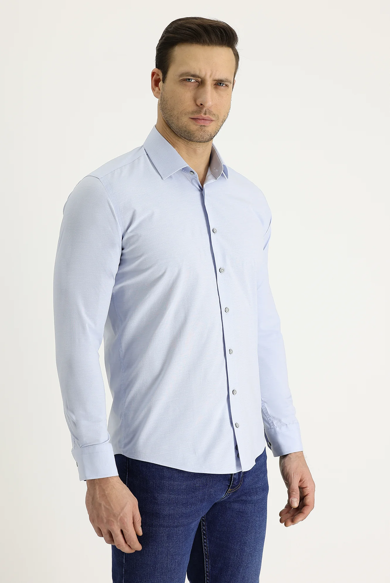 Açık Mavi Uzun Kol Slim Fit Dar Kesim Klasik Desenli Pamuklu Kolay Ütülenebilir Gömlek