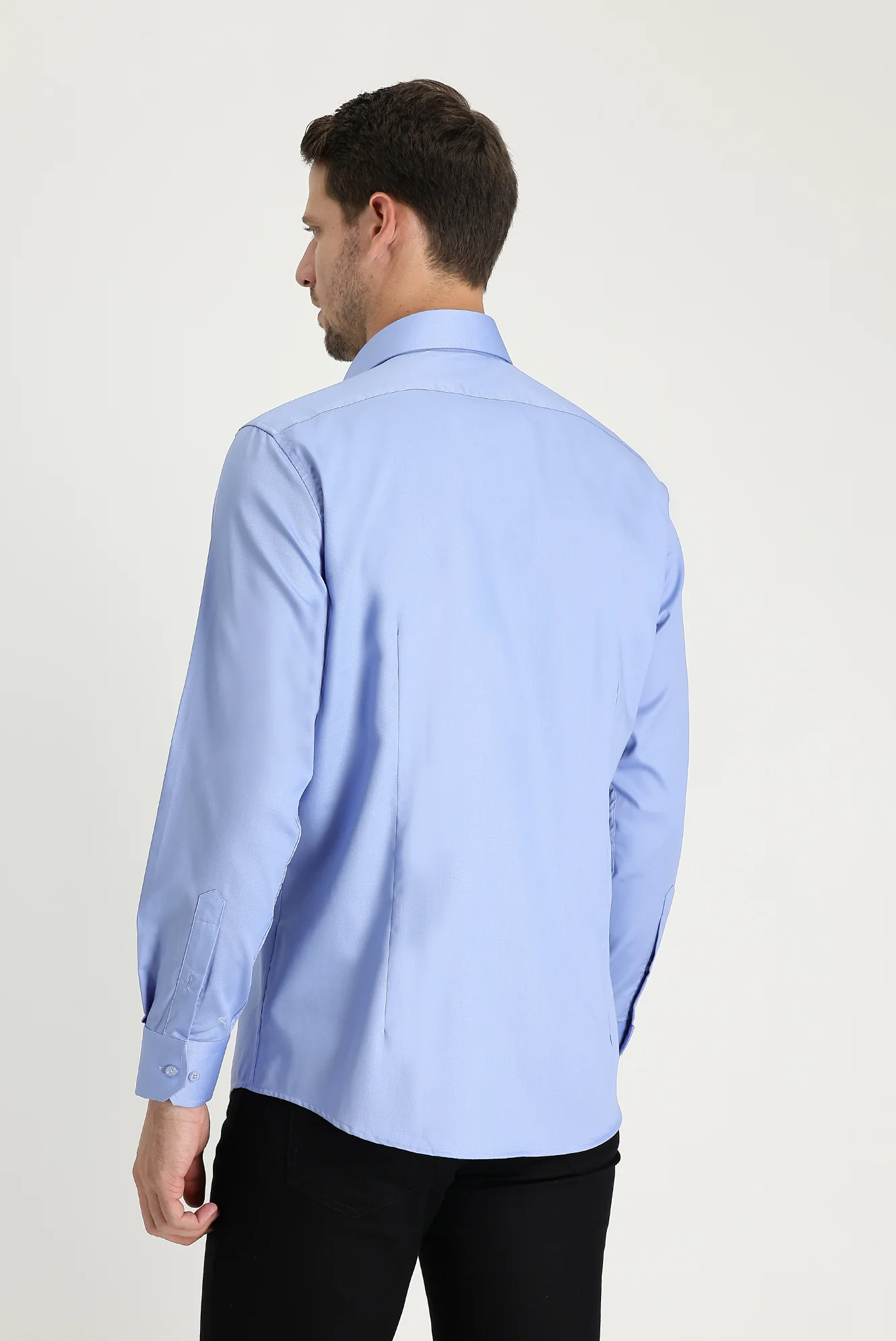 Açık Mavi Uzun Kol Slim Fit Dar Kesim Klasik Non Iron Pamuklu Gömlek - Image 4