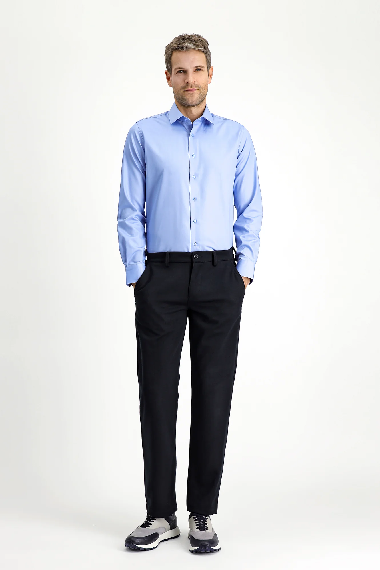 Açık Mavi Uzun Kol Slim Fit Dar Kesim Klasik Non Iron Saten Pamuklu Gömlek - Image 2
