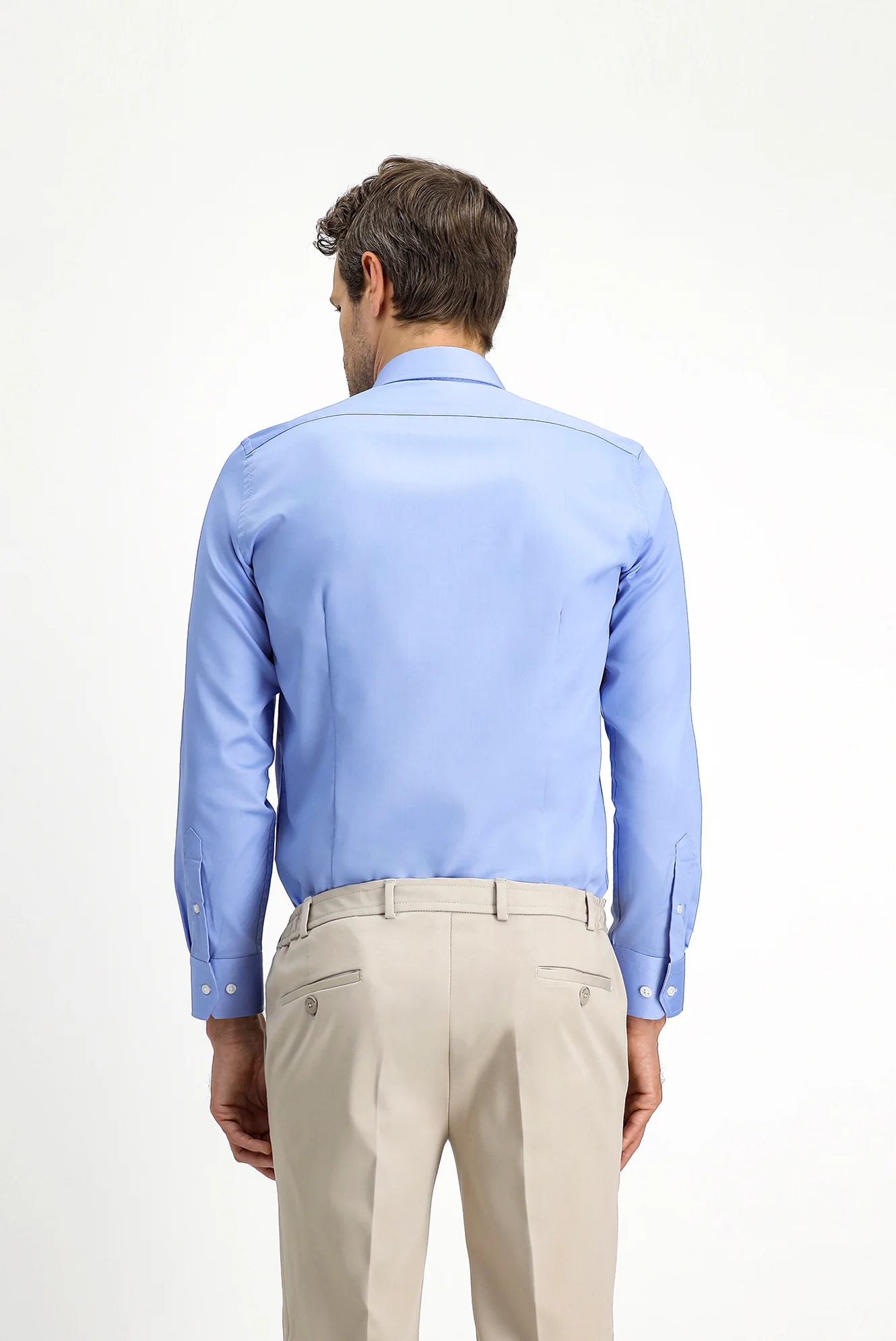 Açık Mavi Uzun Kol Slim Fit Dar Kesim Klasik Non Iron Saten Pamuklu Gömlek - Image 4
