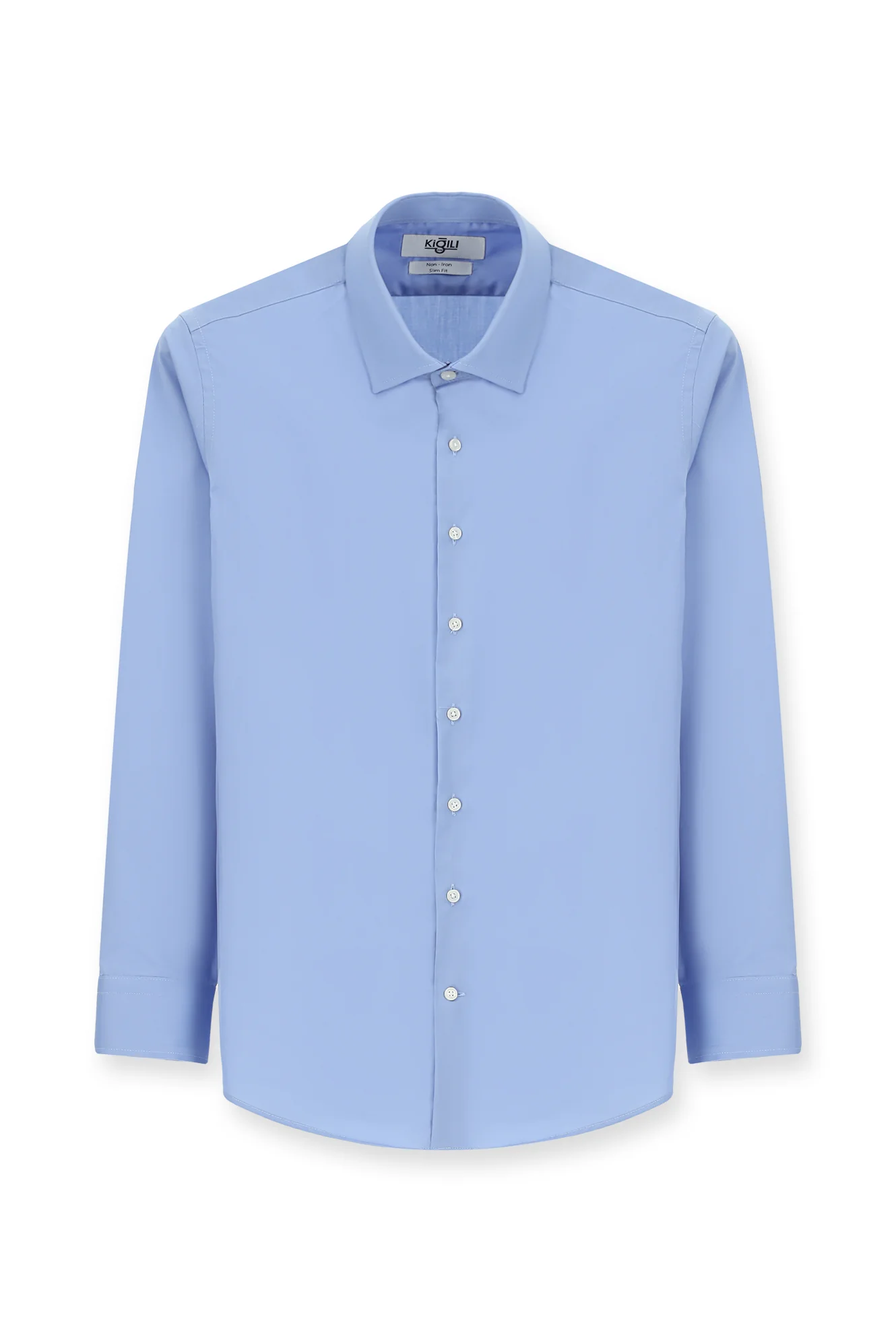 Açık Mavi Uzun Kol Slim Fit Dar Kesim Klasik Non Iron Saten Pamuklu Gömlek - Image 6