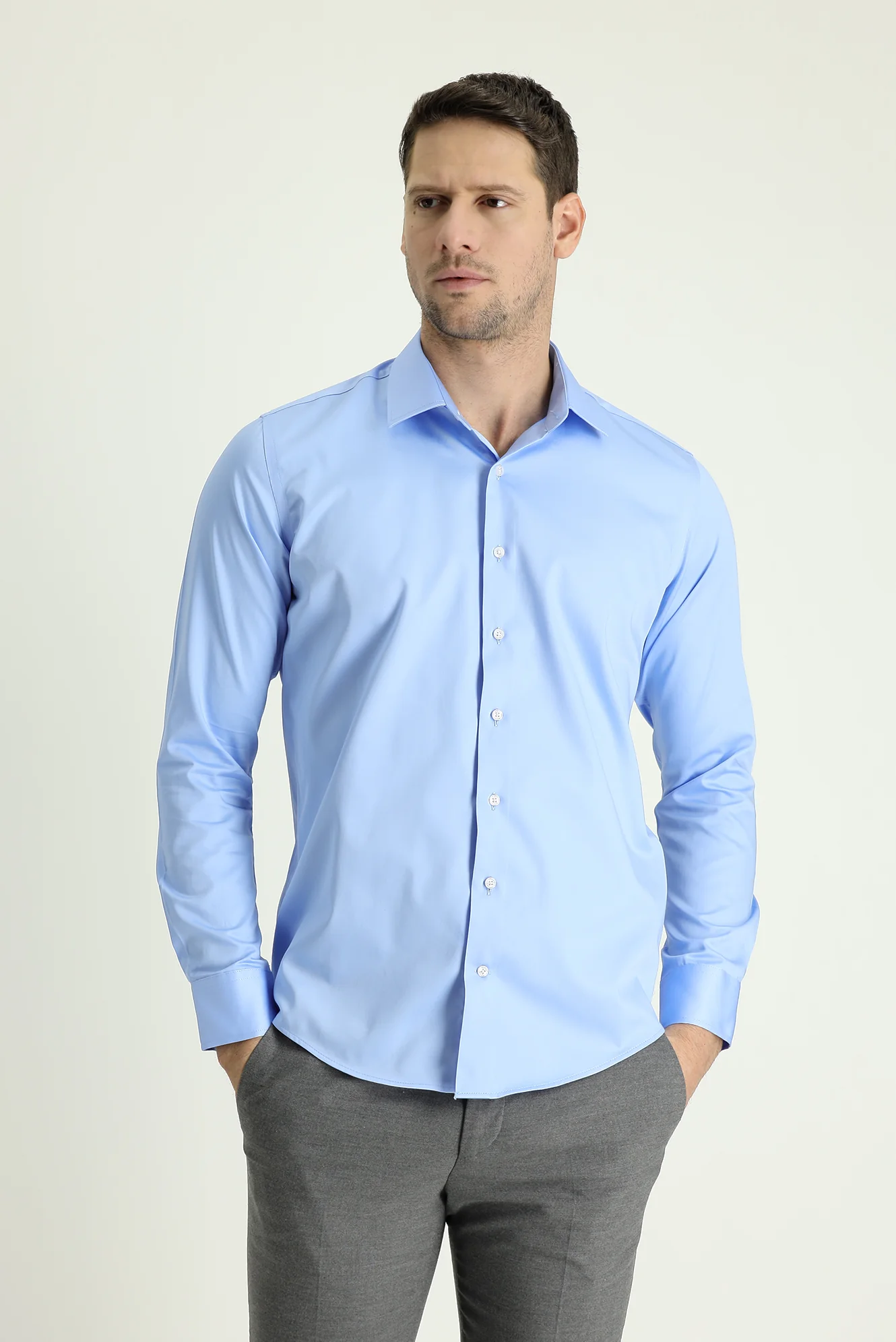 Açık Mavi Uzun Kol Slim Fit Dar Kesim Klasik Pamuk Gömlek
