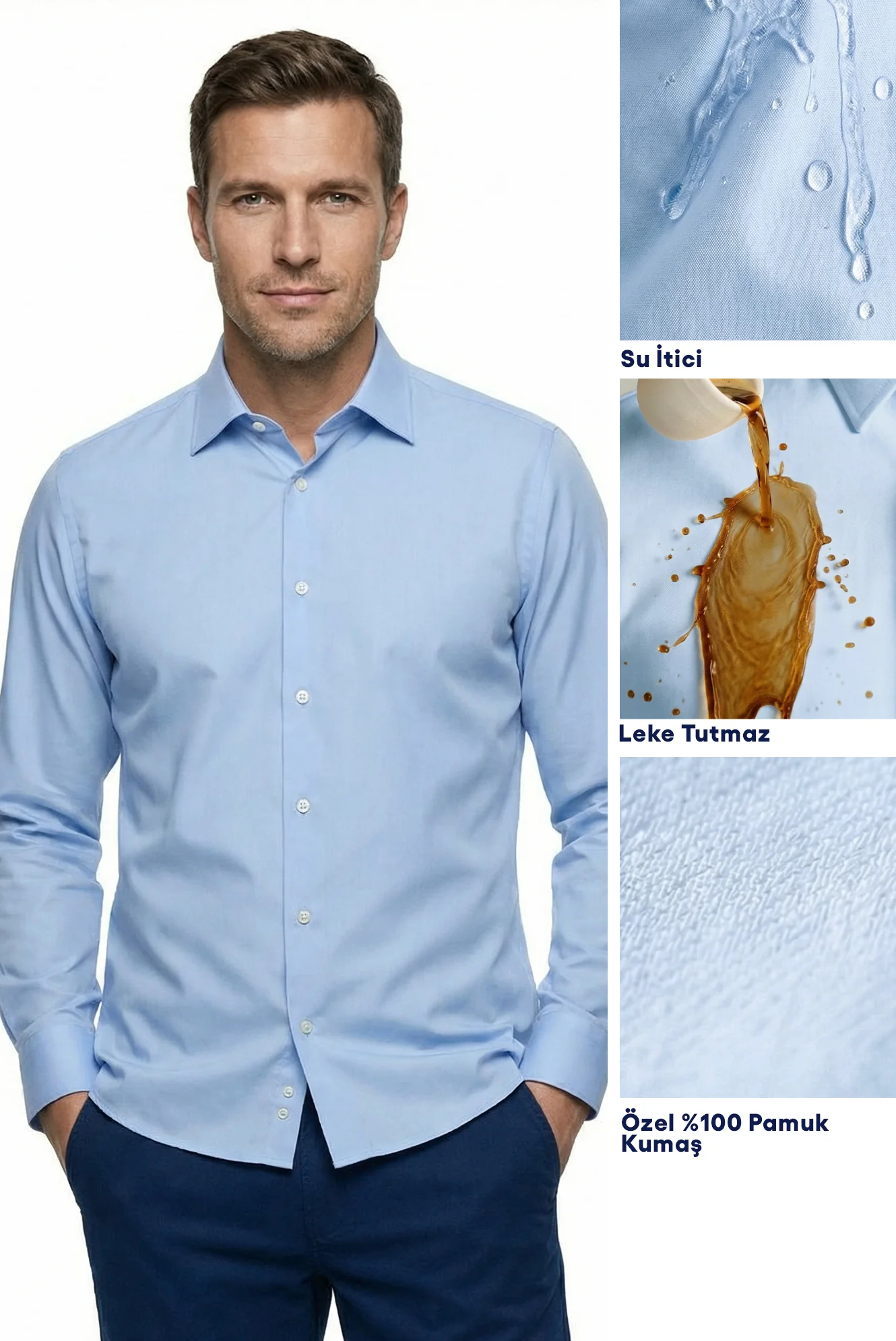 Açık Mavi Uzun Kol Slim Fit Dar Kesim Klasik Nano Care Su İtici Leke Tutmaz 4 Mevsim Pamuk Gömlek