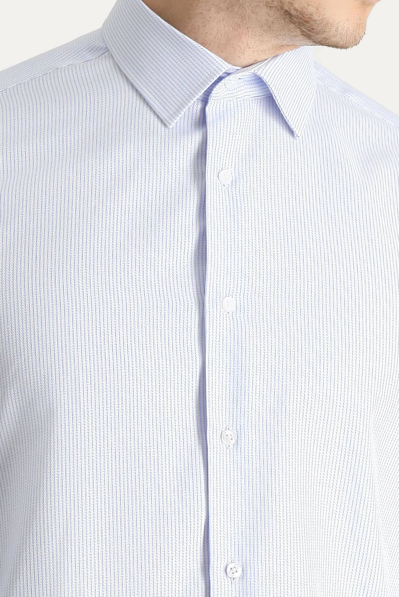 Açık Mavi Uzun Kol Slim Fit Dar Kesim Non Iron Desenli Pamuklu Gömlek - Image 5