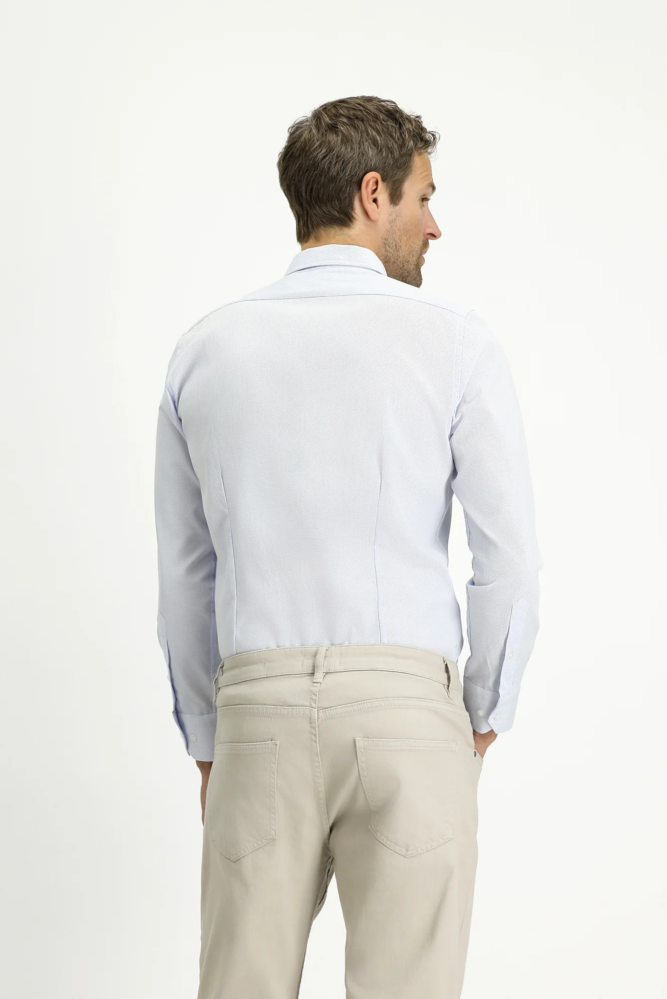 Açık Mavi Uzun Kol Slim Fit Dar Kesim Non Iron Klasik Desenli Pamuklu Gömlek - Image 4