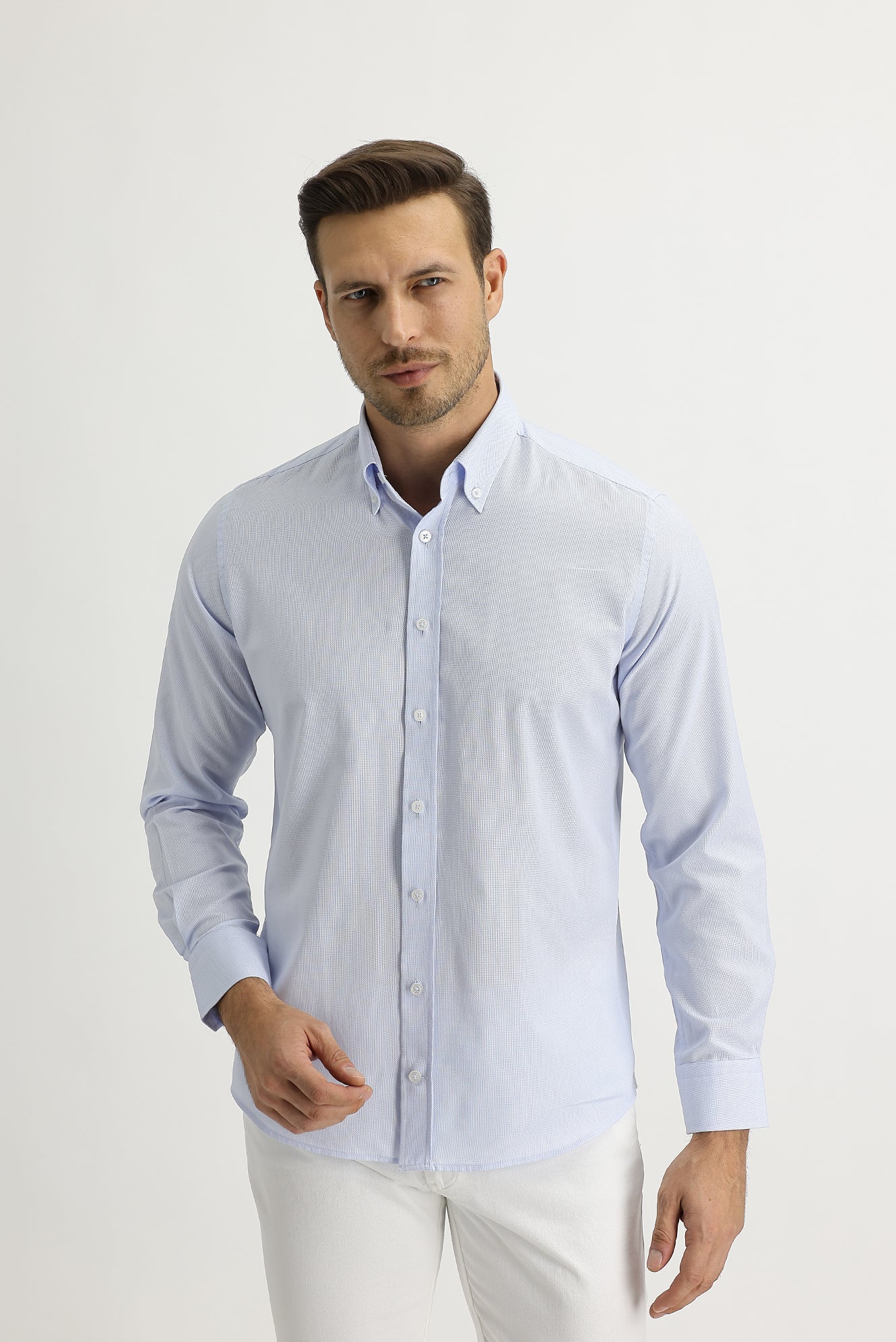 Açık Mavi Uzun Kol Slim Fit Dar Kesim Oxford Gömlek - Image 2