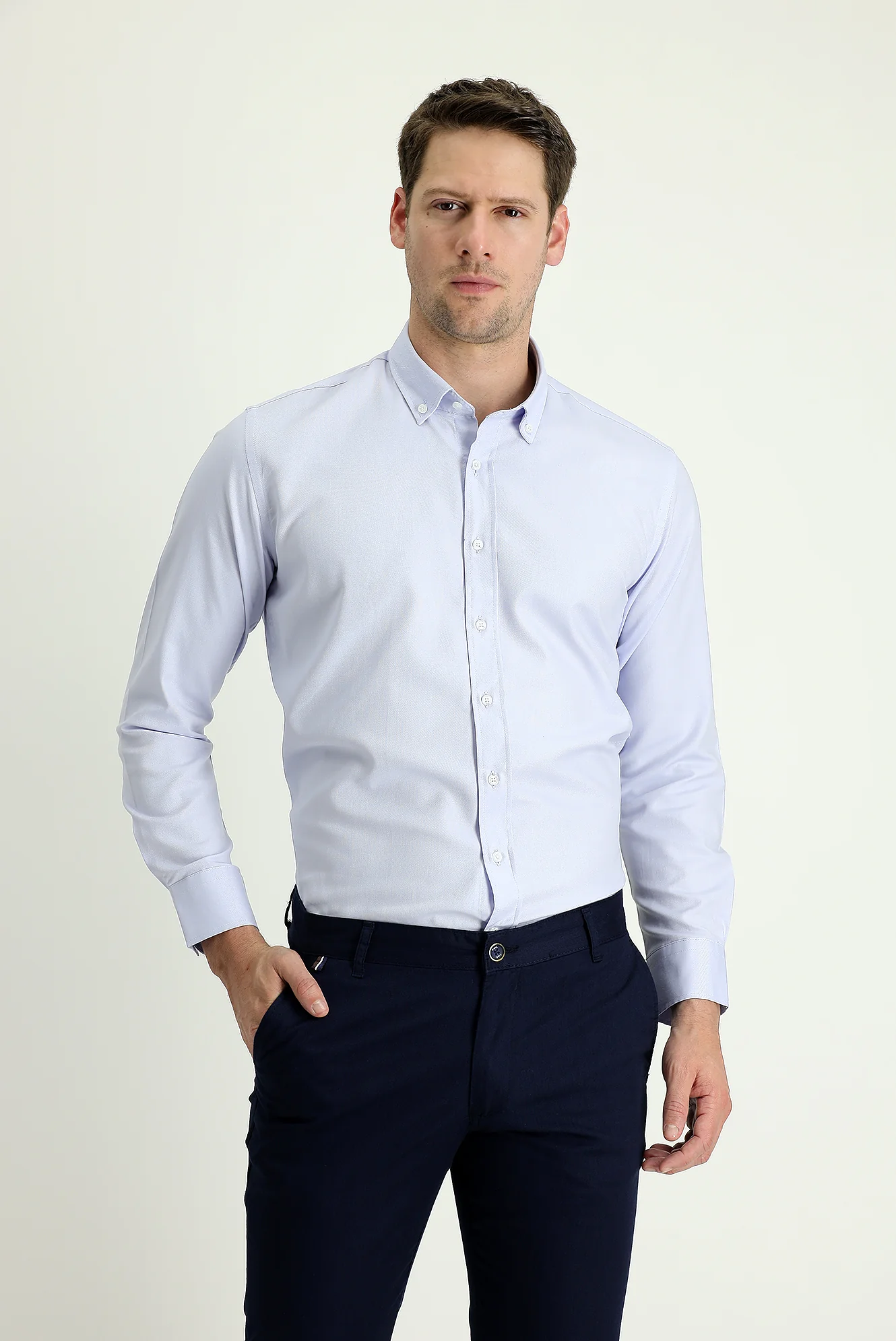 Açık Mavi Uzun Kol Slim Fit Dar Kesim Oxford Pamuk Düğmeli Yaka Gömlek