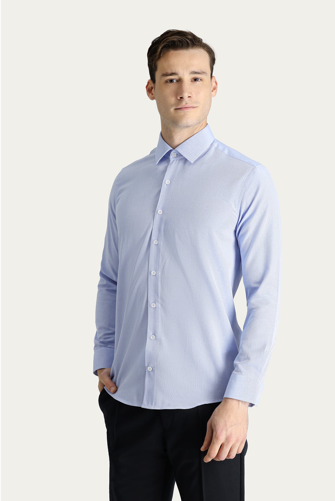 Açık Mavi Uzun Kol Slim Fit Dar Kesim Oxford Pamuk Gömlek - Image 2