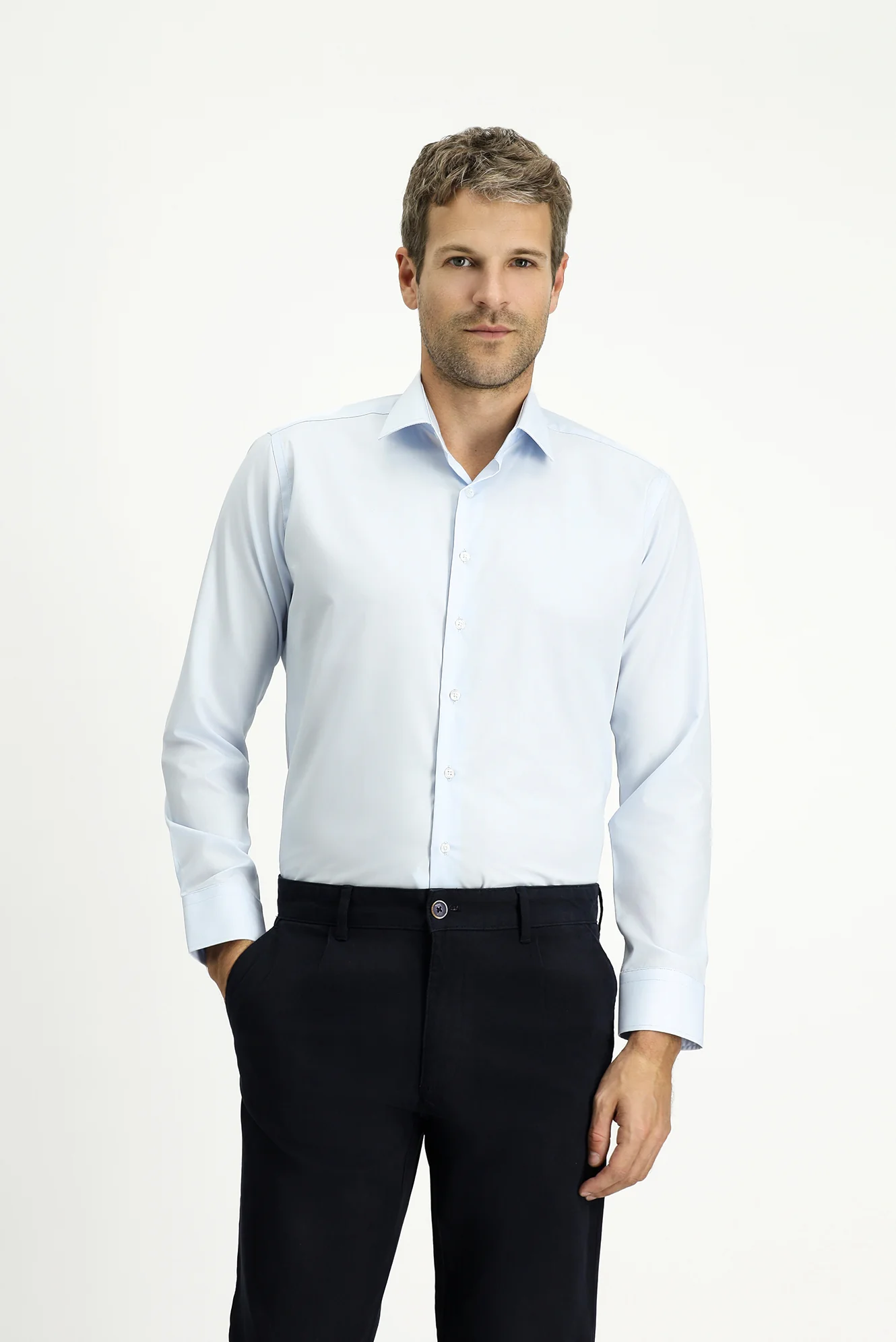 Açık Mavi Uzun Kol Slim Fit %100 Pamuk 4 Mevsim Kolay Ütülenebilir Nefes Alan Erkek Easy Care Klasik Gömlek