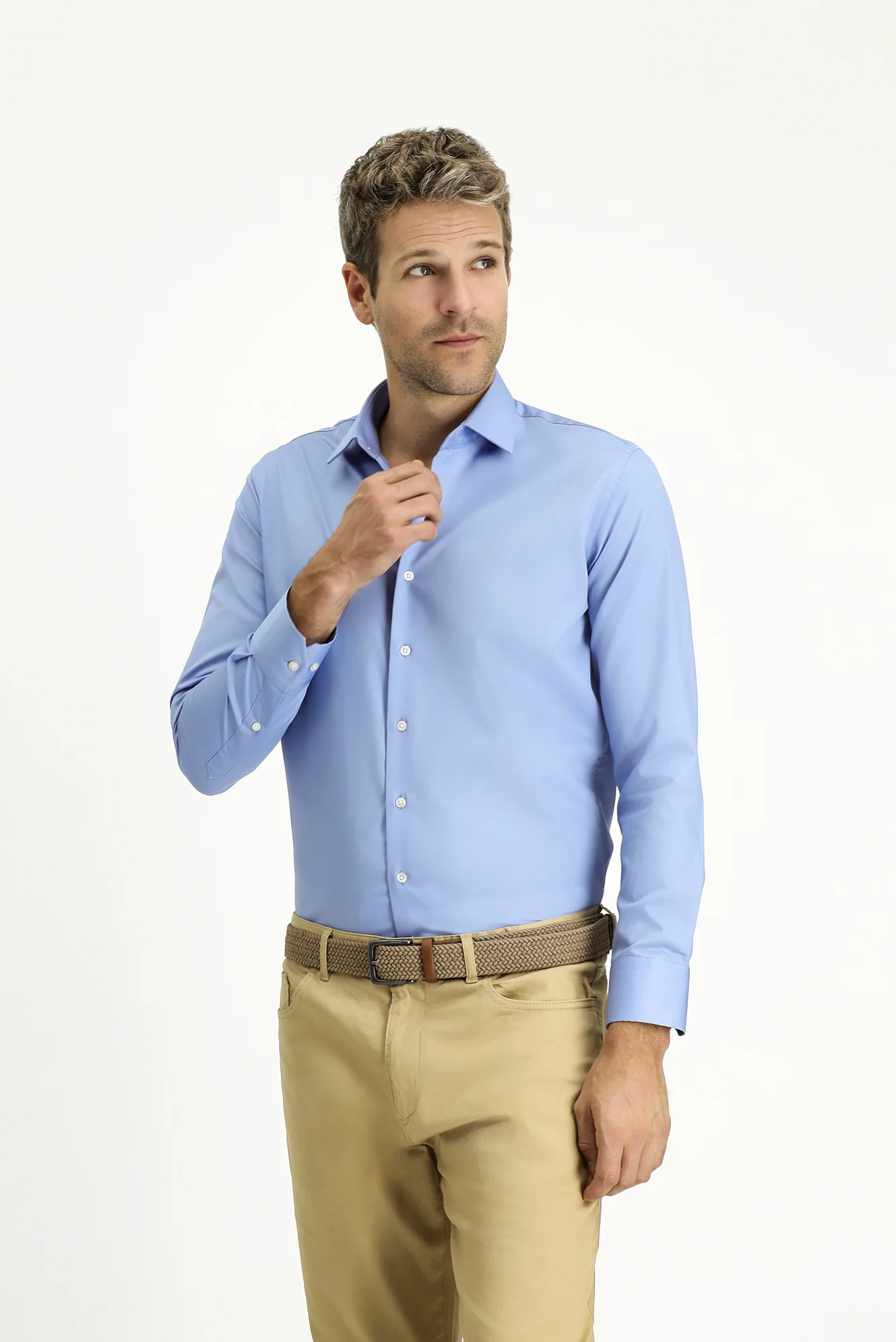 Açık Mavi Uzun Kol Slim Fit Dar Kesim Pamuklu Non Iron Ütü Gerektirmeyen Saten Klasik Gömlek