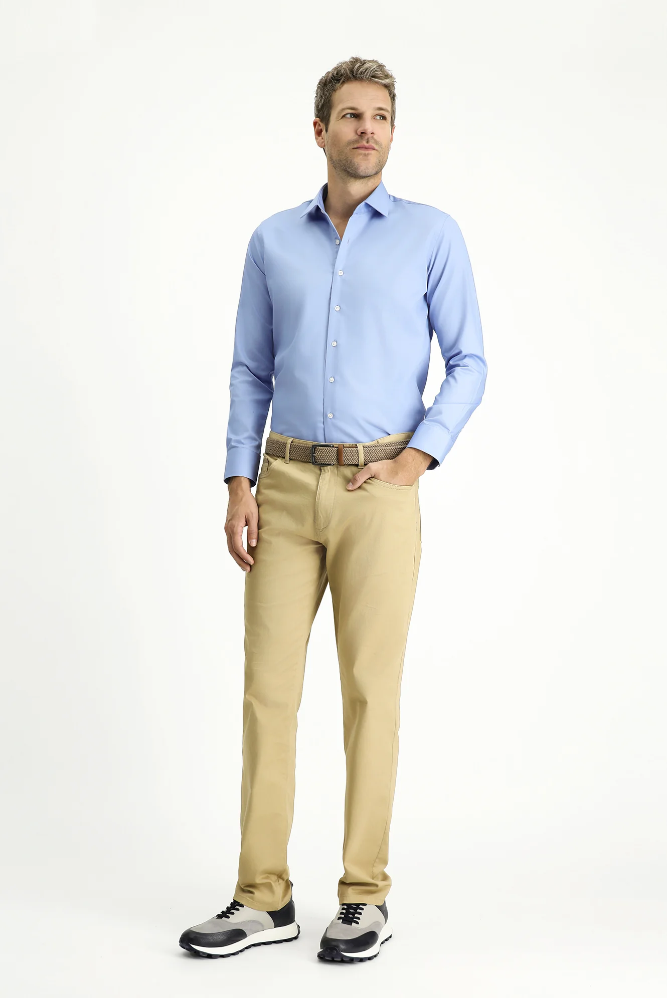 Açık Mavi Uzun Kol Slim Fit Dar Kesim Pamuklu Non Iron Ütü Gerektirmeyen Saten Klasik Gömlek - Image 2