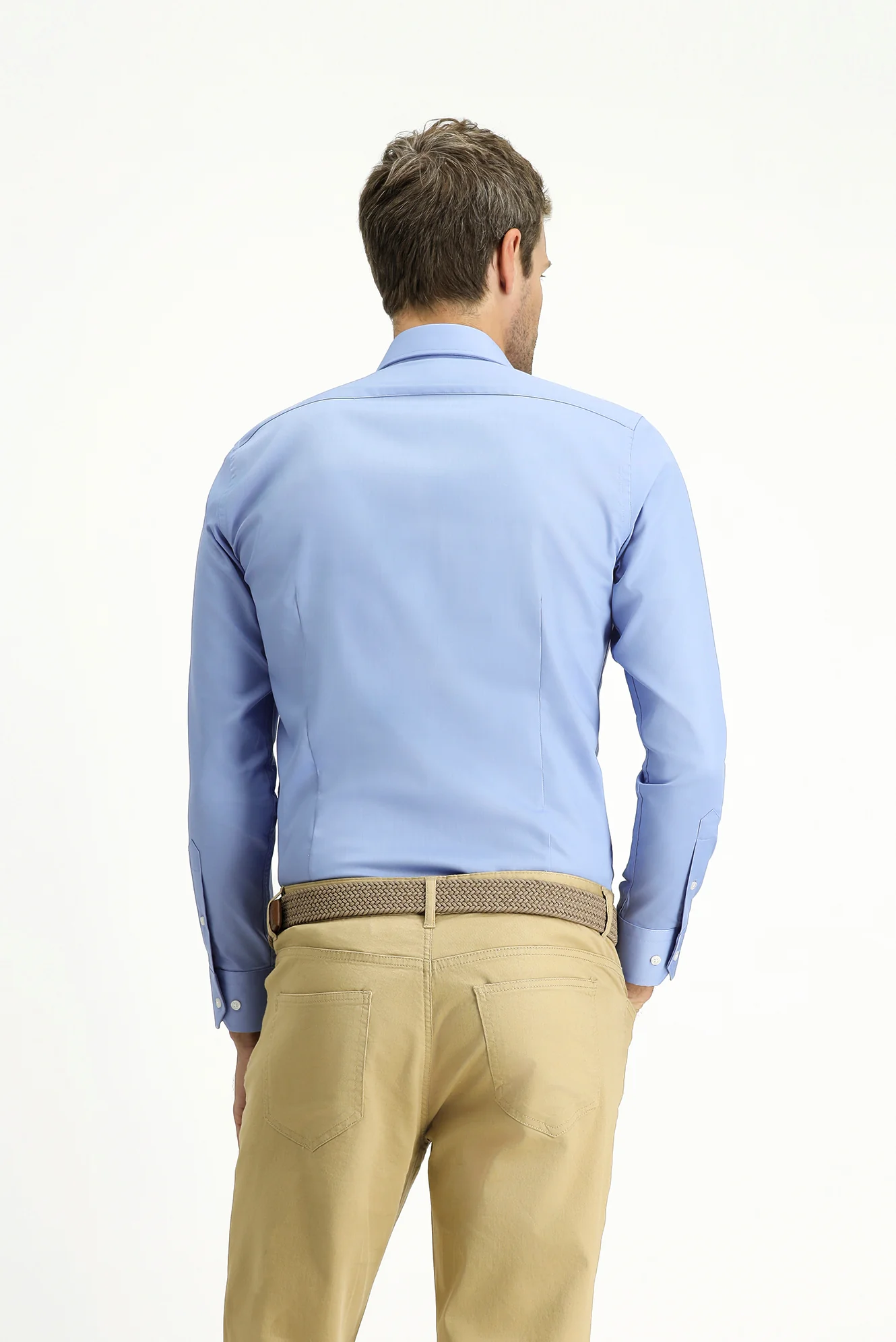 Açık Mavi Uzun Kol Slim Fit Dar Kesim Pamuklu Non Iron Ütü Gerektirmeyen Saten Klasik Gömlek - Image 4