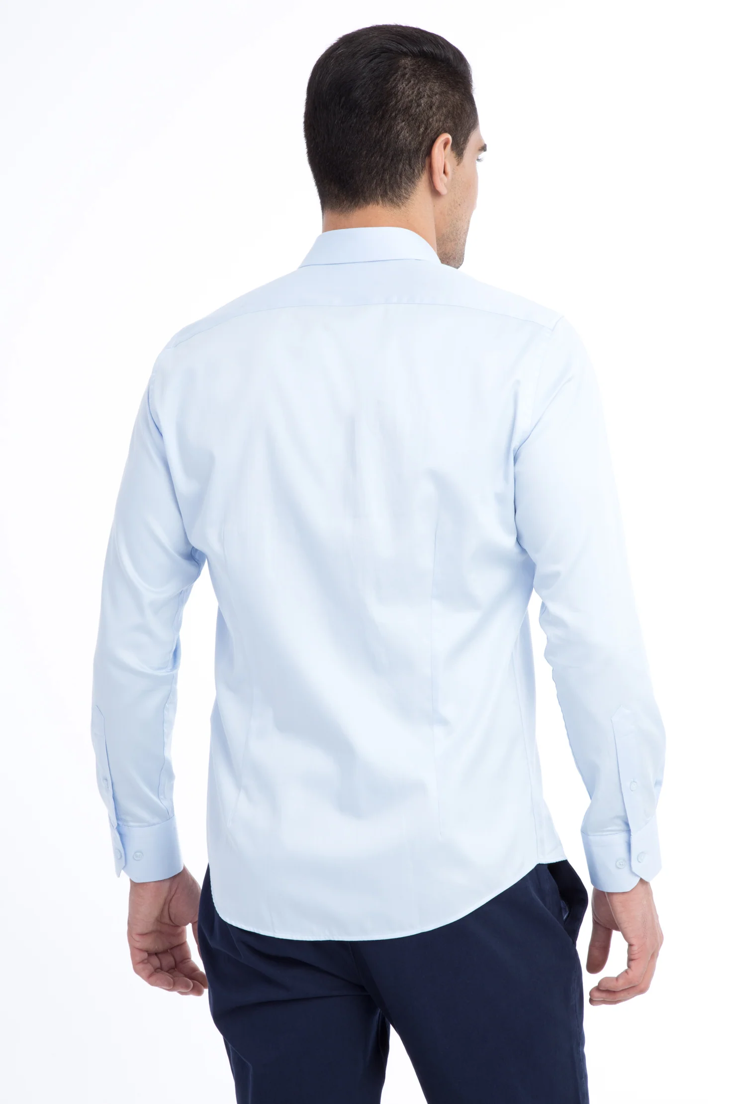 Açık Mavi Uzun Kol Saten Slim Fit Dar Kesim Pamuk Gömlek - Image 2