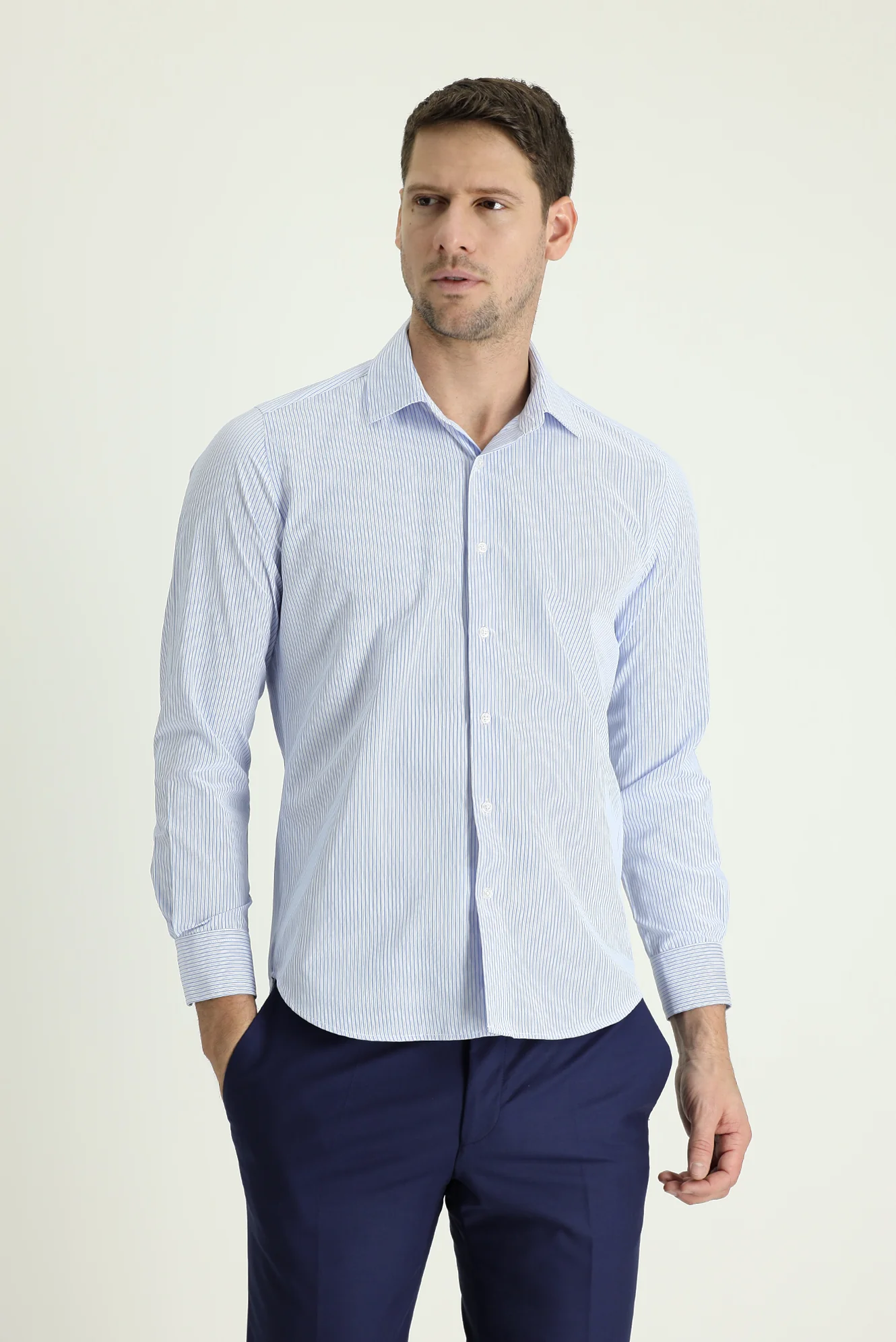 Açık Mavi Uzun Kol Slim Fit Dar Kesim Spor Çizgili Pamuklu Gömlek
