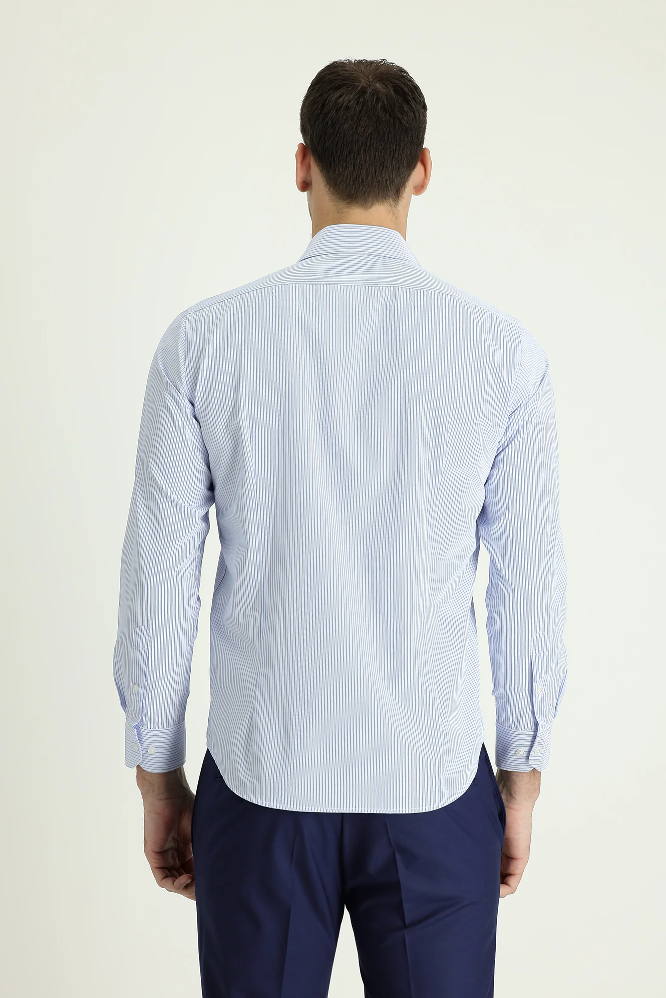 Açık Mavi Uzun Kol Slim Fit Dar Kesim Spor Çizgili Pamuklu Gömlek - Image 2