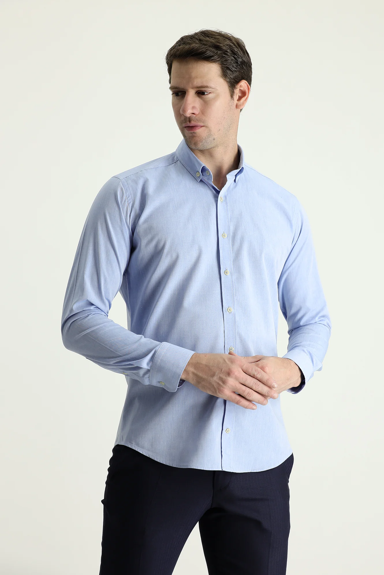 Açık Mavi Uzun Kol Slim Fit Dar Kesim Spor Pamuk Gömlek - Image 2