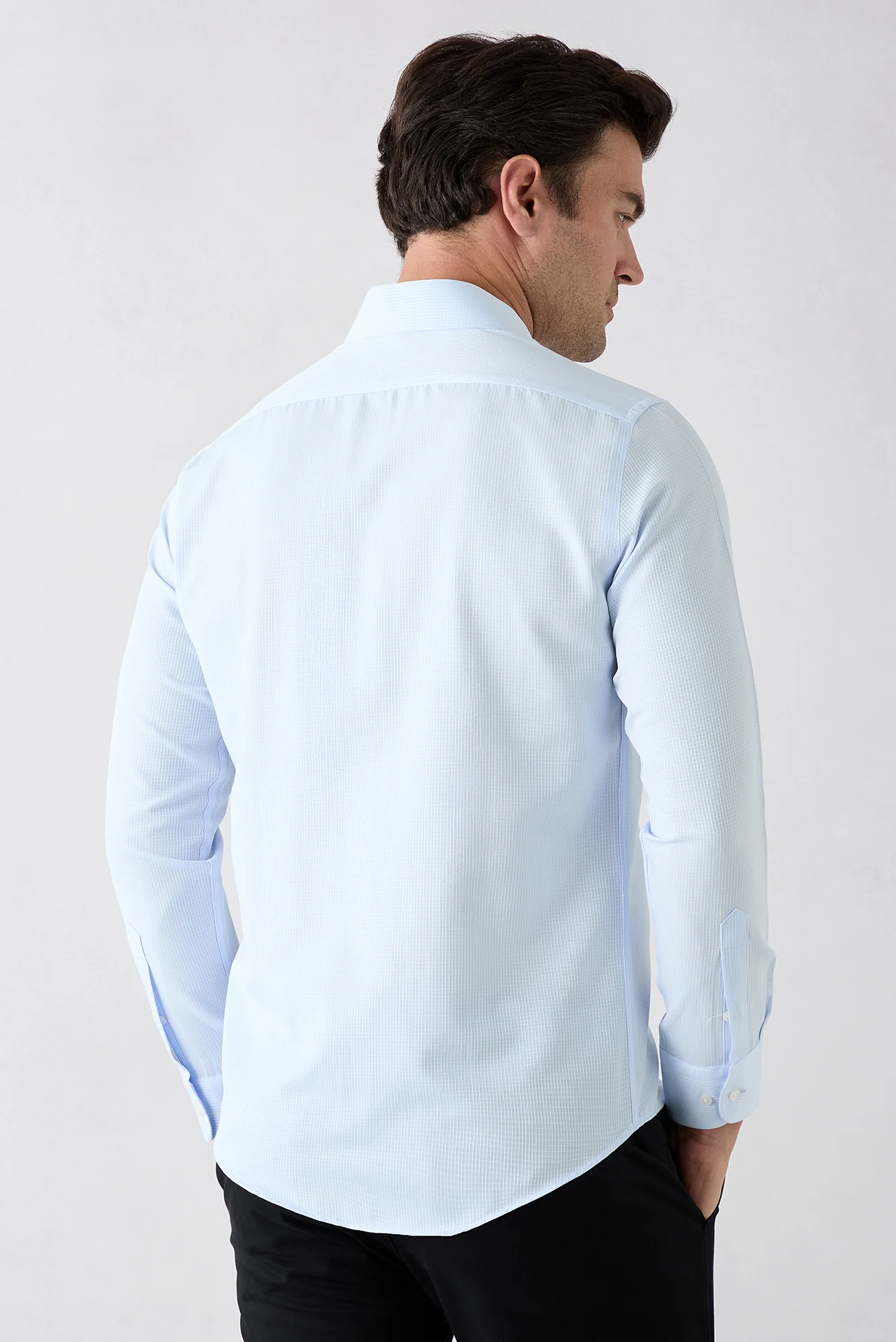 Açık Mavi Uzun Kol Slim Fit Klasik Desenli Pamuklu Kolay Ütülenebilir Gömlek - Image 6