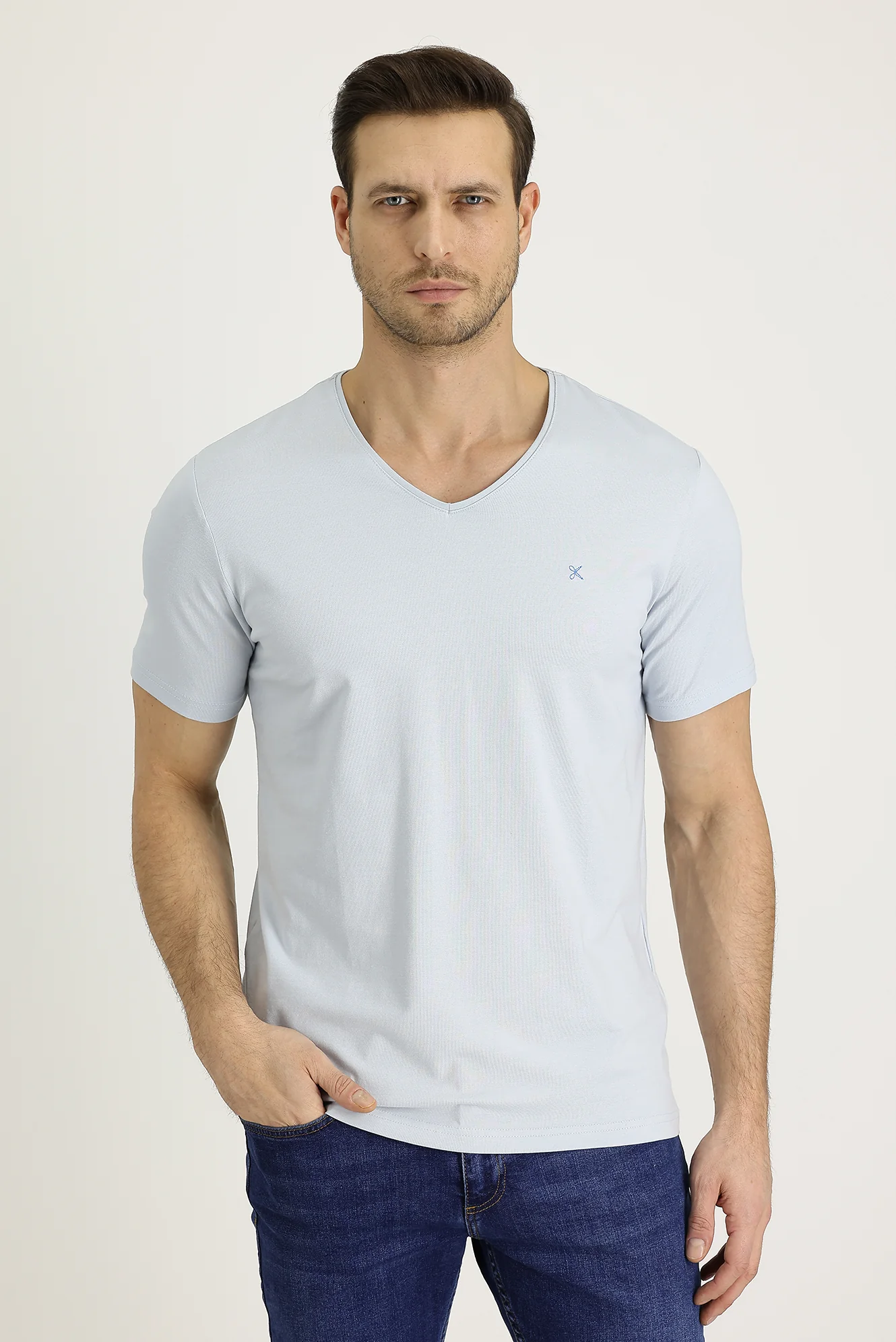 Açık Mavi V Yaka Slim Fit Dar Kesim Nakışlı Tişört Pamuklu - Image 2