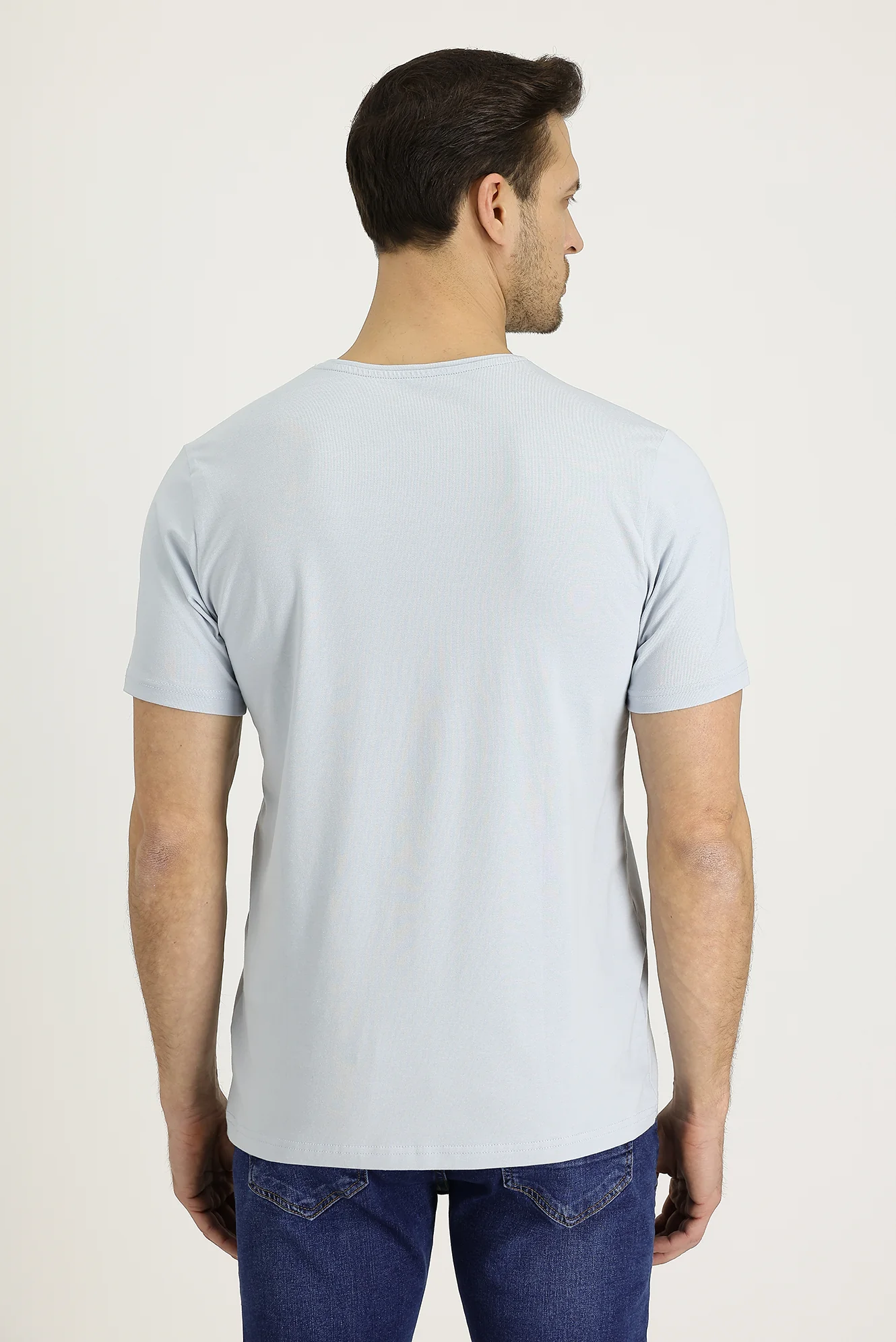Açık Mavi V Yaka Slim Fit Dar Kesim Pamuklu Tişört - Image 3