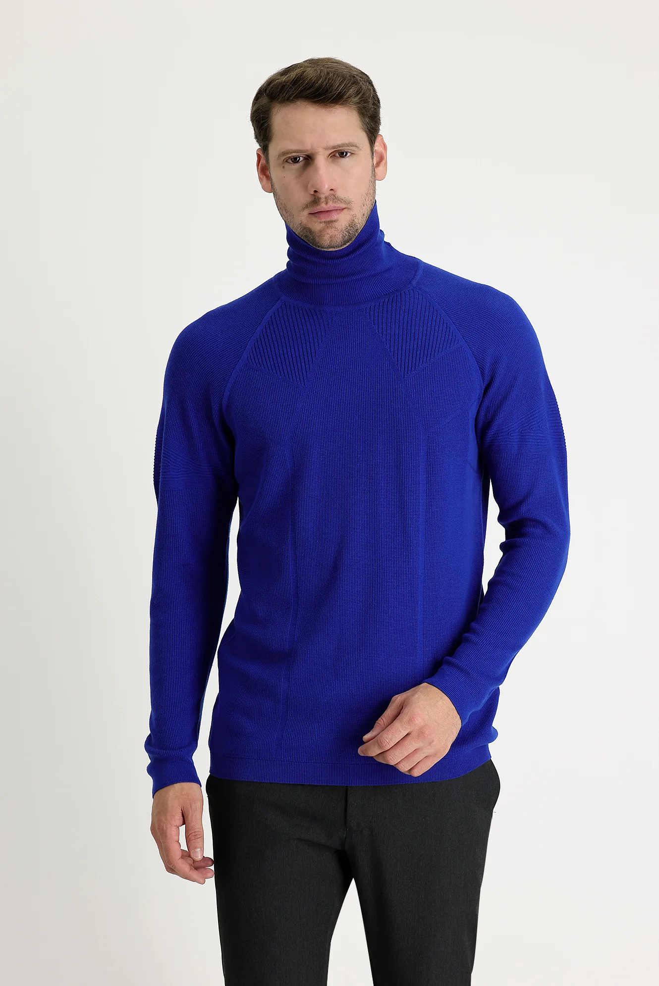 Açık Saks Mavi Balıkçı Yaka Slim Fit Dar Kesim Desenli Pamuklu Triko Kazak