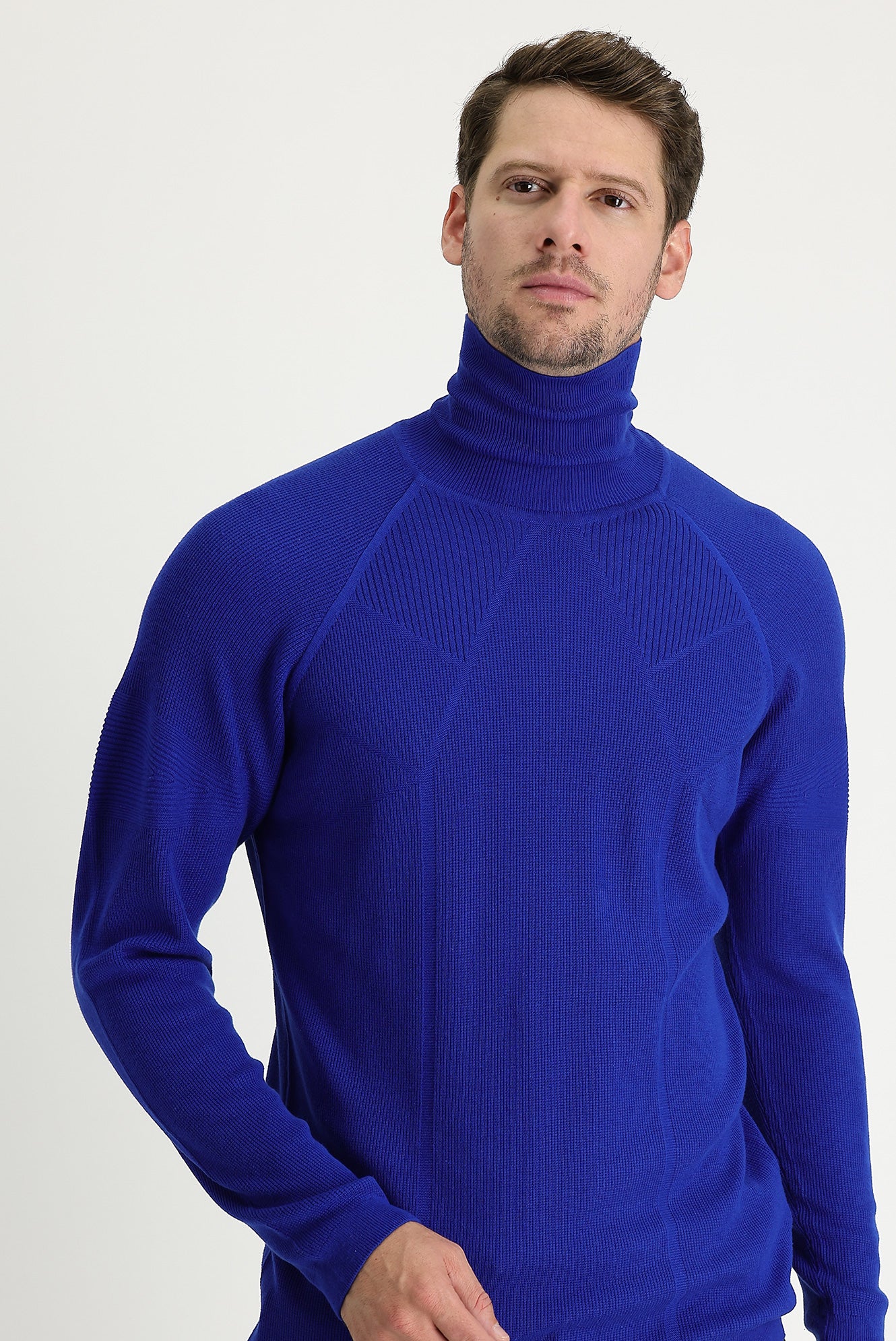 Açık Saks Mavi Balıkçı Yaka Slim Fit Dar Kesim Desenli Pamuklu Triko Kazak - Image 2
