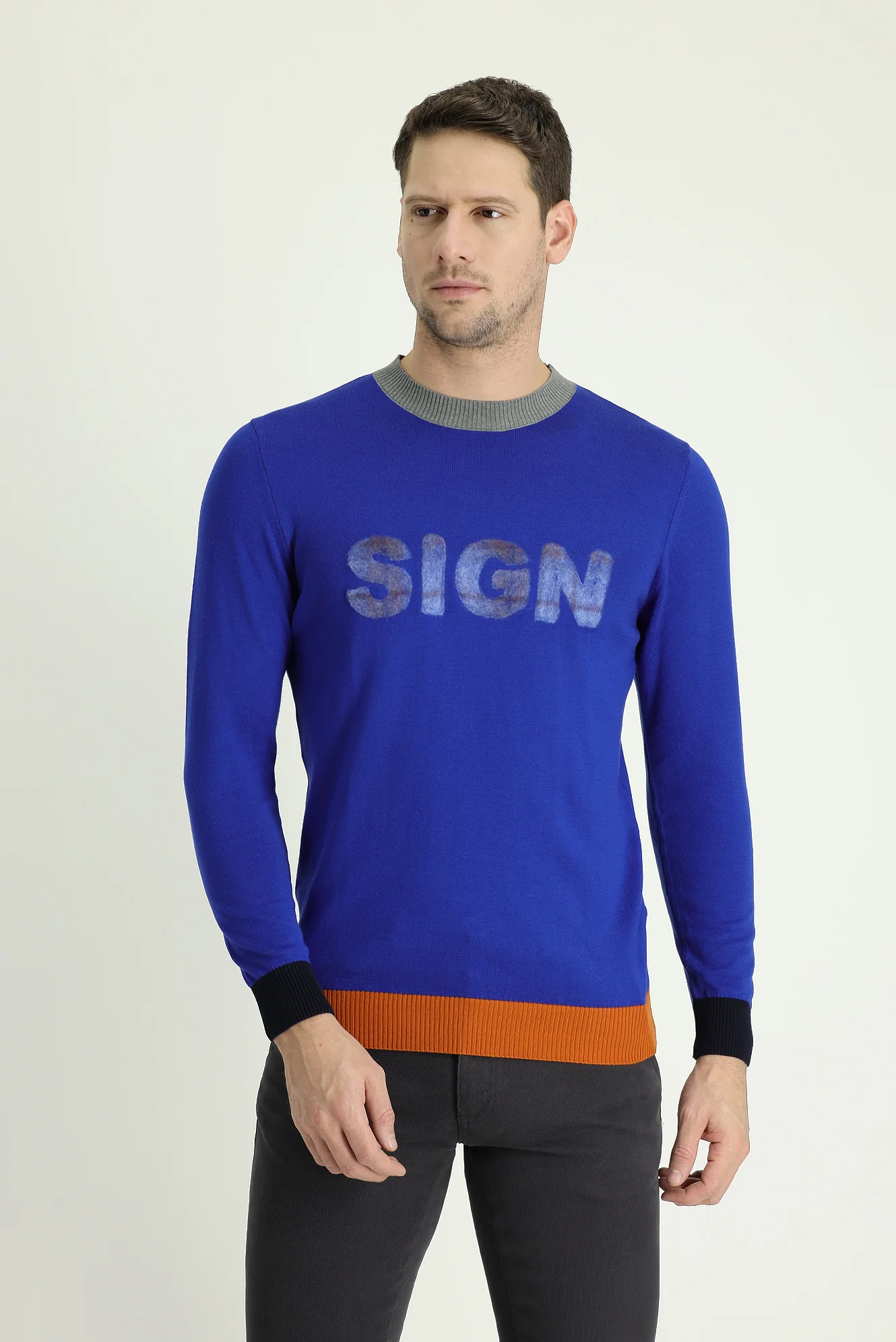 Açık Saks Mavi Bisiklet Yaka Slim Fit Dar Kesim Desenli Pamuklu Triko Kazak - Image 2