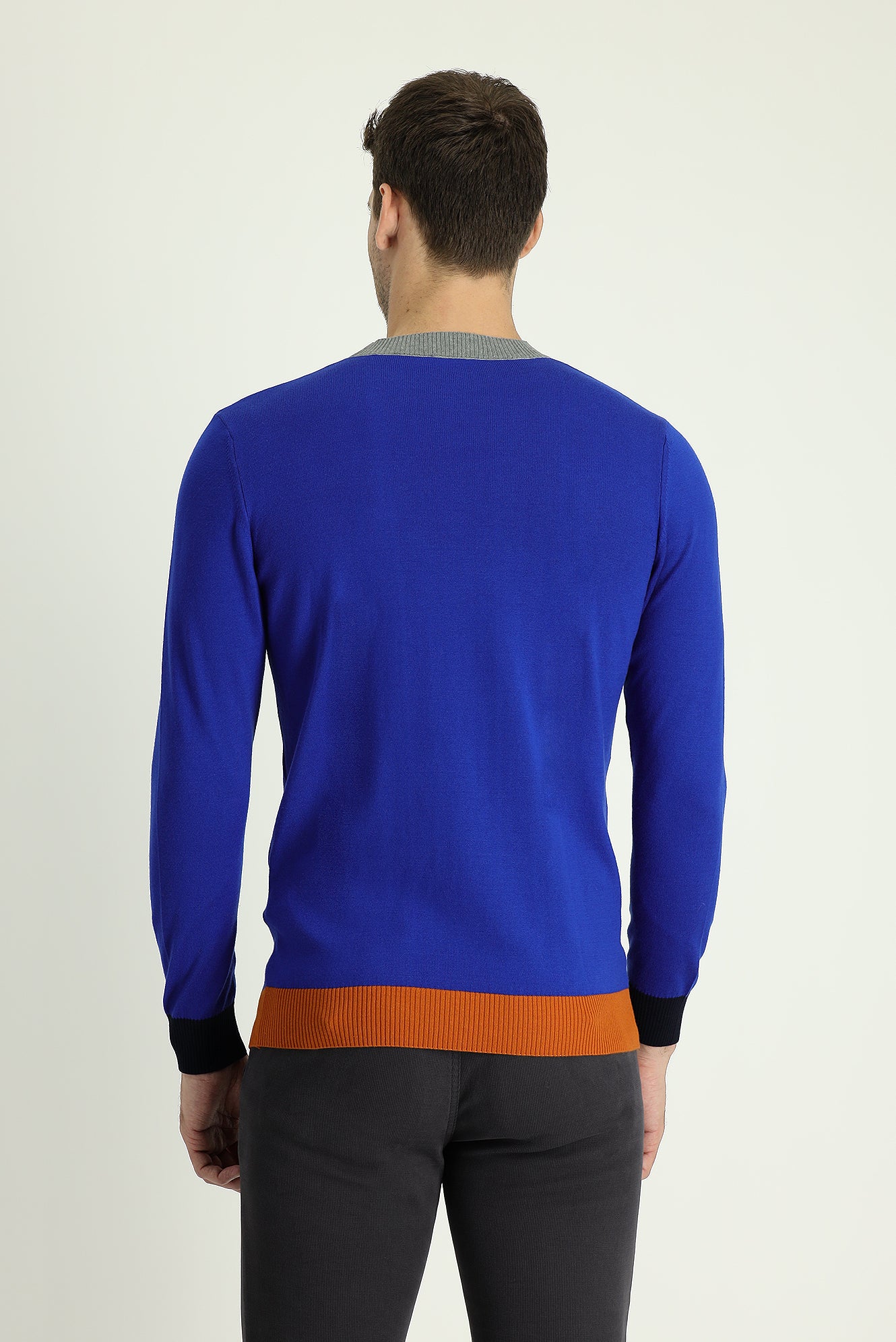 Açık Saks Mavi Bisiklet Yaka Slim Fit Dar Kesim Desenli Pamuklu Triko Kazak - Image 3