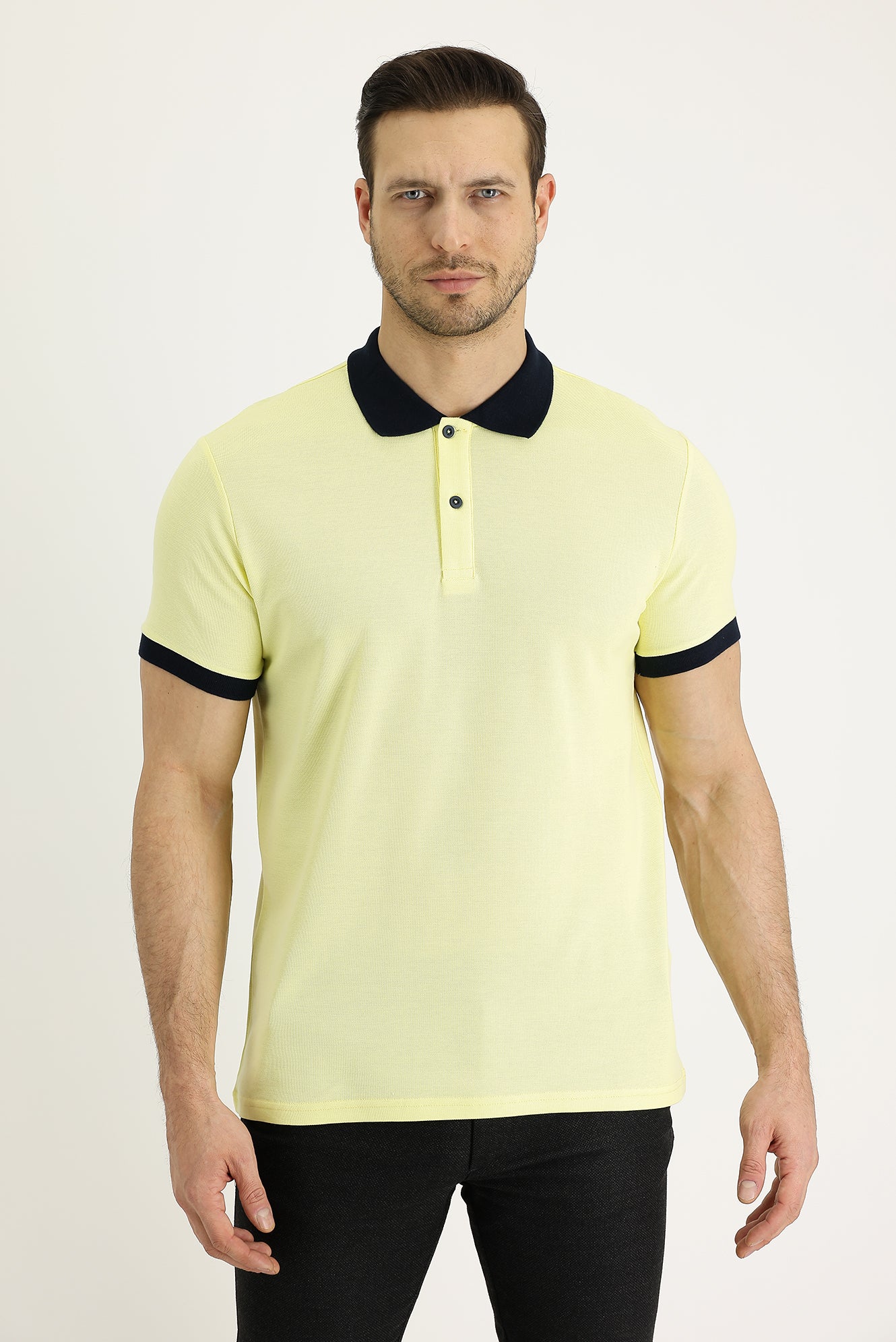 Açık Sarı Polo Yaka Slim Fit Dar Kesim Desenli Pamuk Tişört