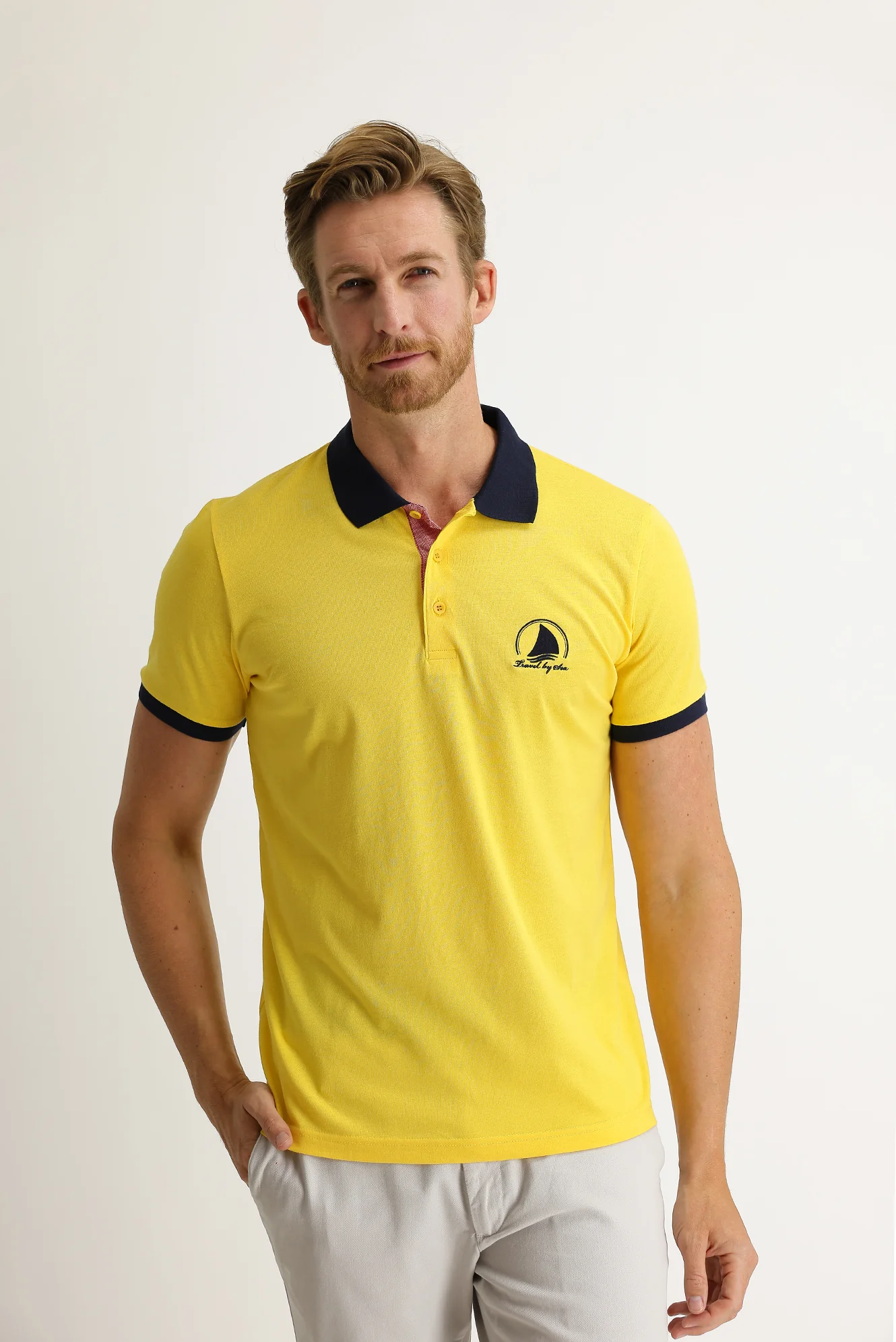 Açık Sarı Polo Yaka Slim Fit Dar Kesim Desenli Tişört - Image 2