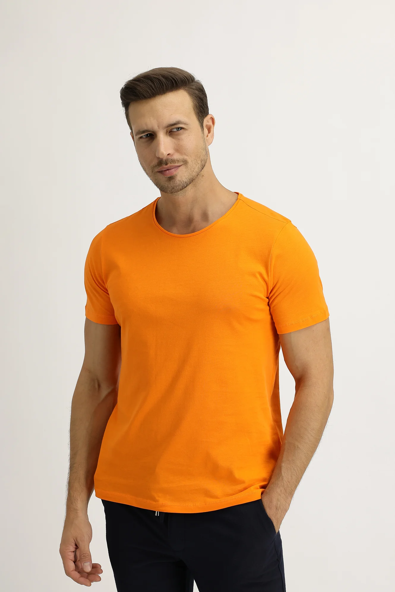 Açık Turuncu Bisiklet Yaka Slim Fit Dar Kesim Pamuk Tişört - Image 2