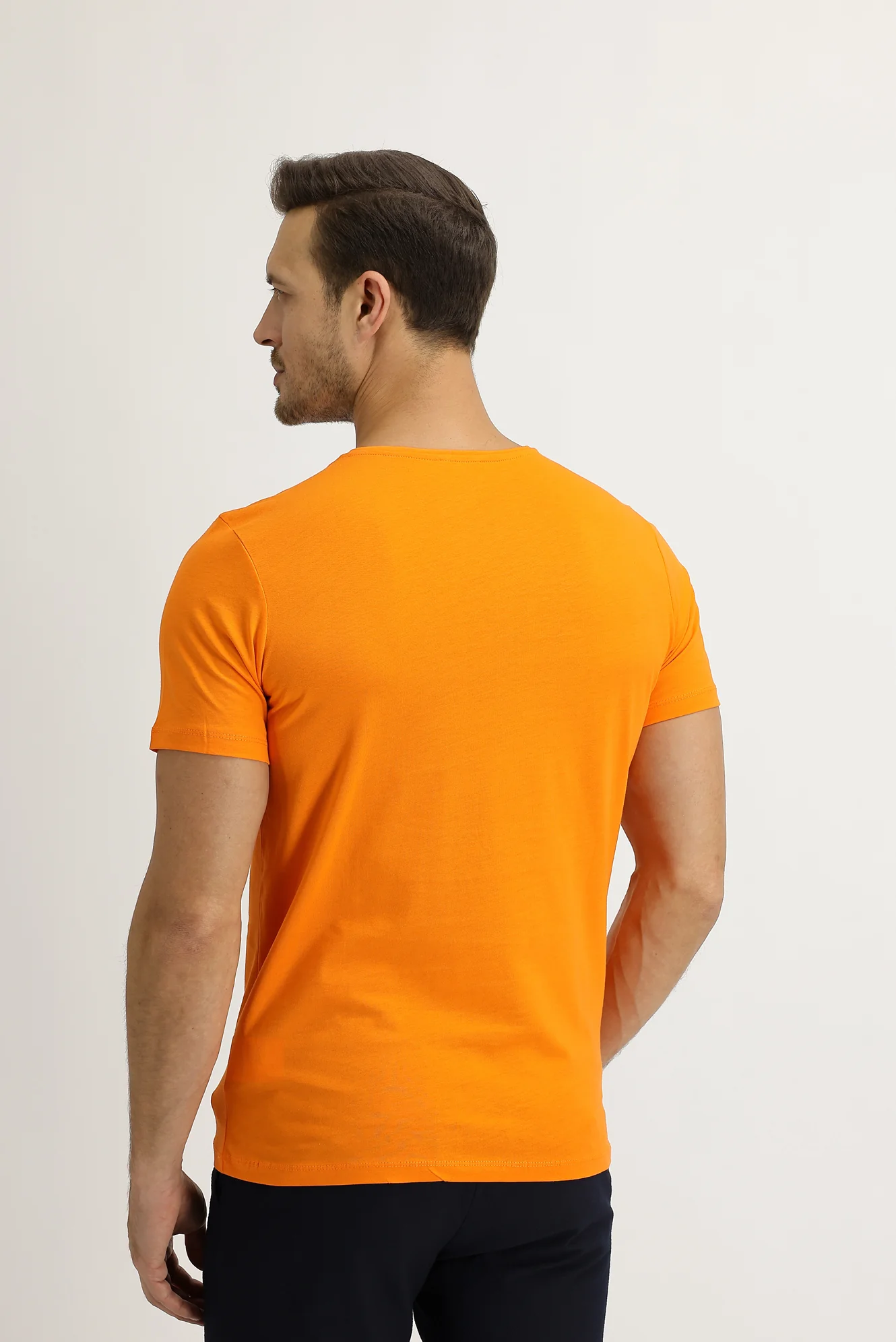 Açık Turuncu Bisiklet Yaka Slim Fit Dar Kesim Pamuk Tişört - Image 3