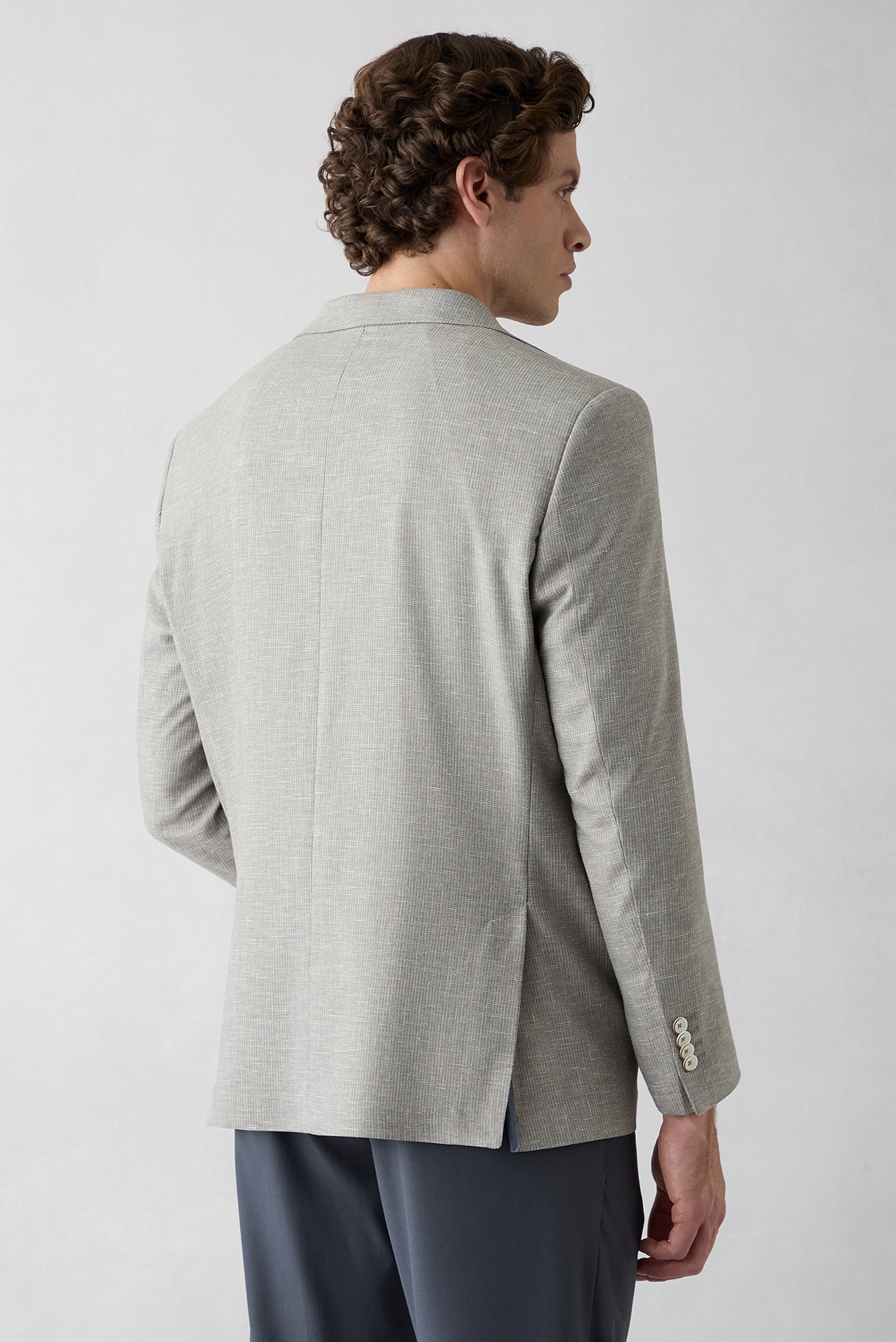 Açık Vizon 4 Drop Relaxed Fit Rahat Kesim Mono Yaka Desenli Klasik Keten Karışımlı Ceket - Image 6