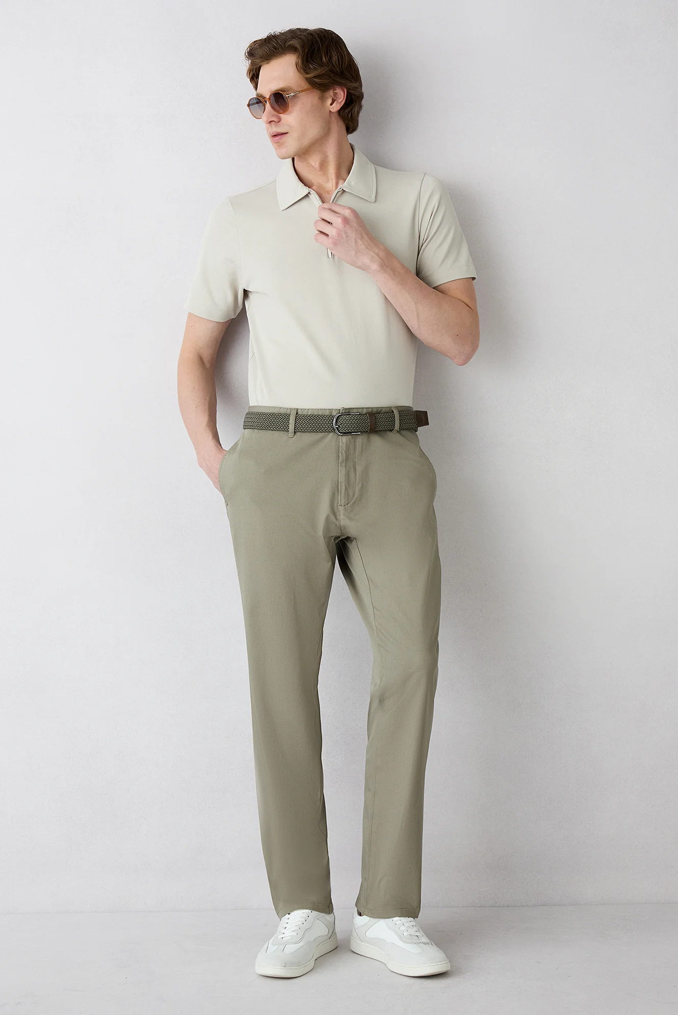 Açık Vizon Regular Fit Standart Kesim Desenli Yan Cepli Likralı Kanvas / Chino Pantolon