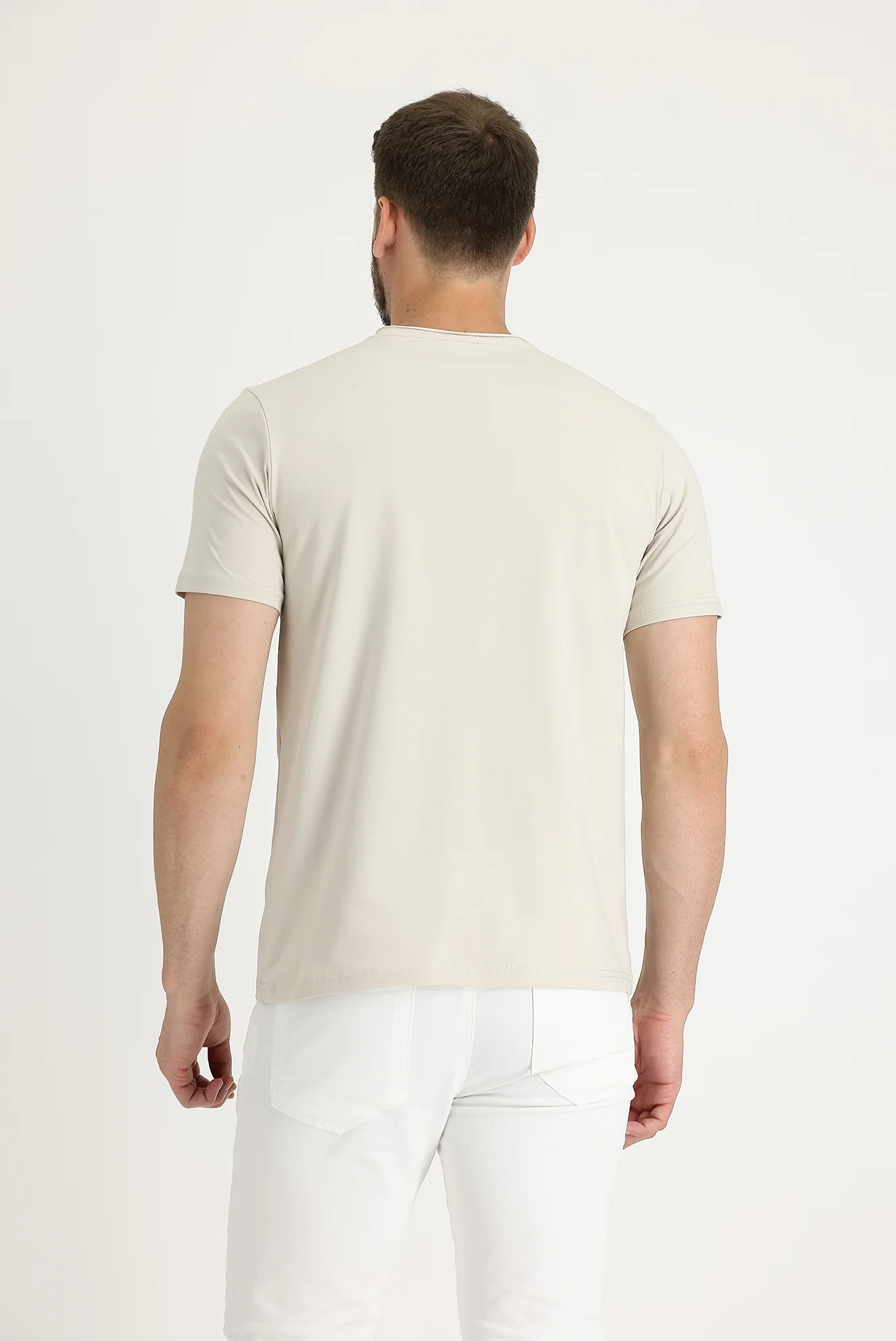 Açık Vizon Bisiklet Yaka Slim Fit Dar Kesim Tişört - Image 2