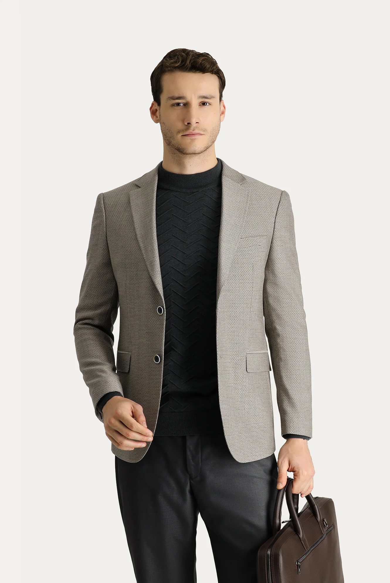 Açık Vizon 6 Drop Regular Fit Standart Kesim Yünlü Klasik Desenli Ceket
